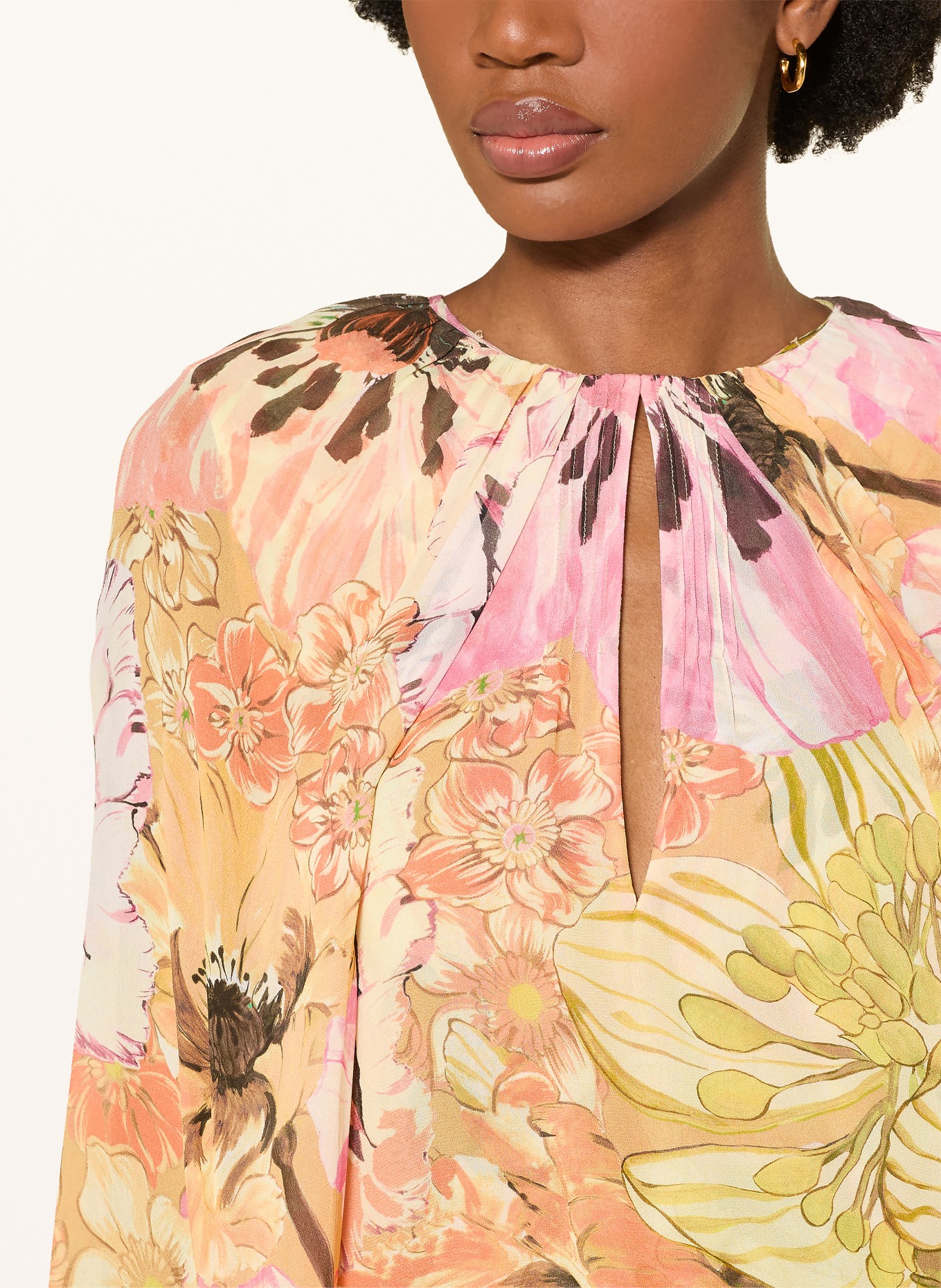 DOROTHEE SCHUMACHER FLORAL DREAM blouse shirt with detachable bow tie: LIGHT YELLOW / PINK / ORANGE