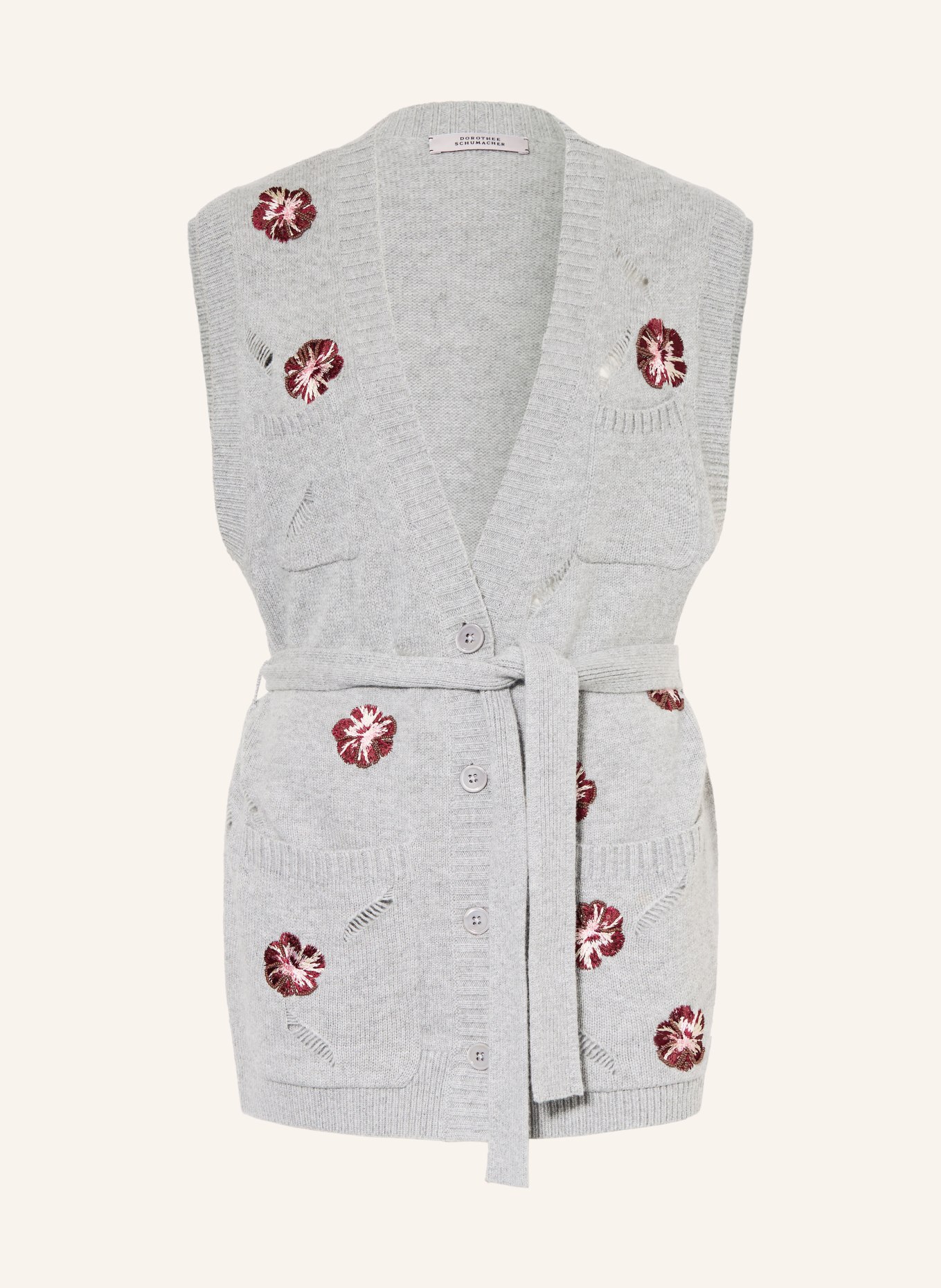 DOROTHEE SCHUMACHER Pletená vesta BLOOMING STATEMENTS s kašmírem: ŠEDÁ / RŮŽOVÁ / TMAVĚ ČERVENÁ