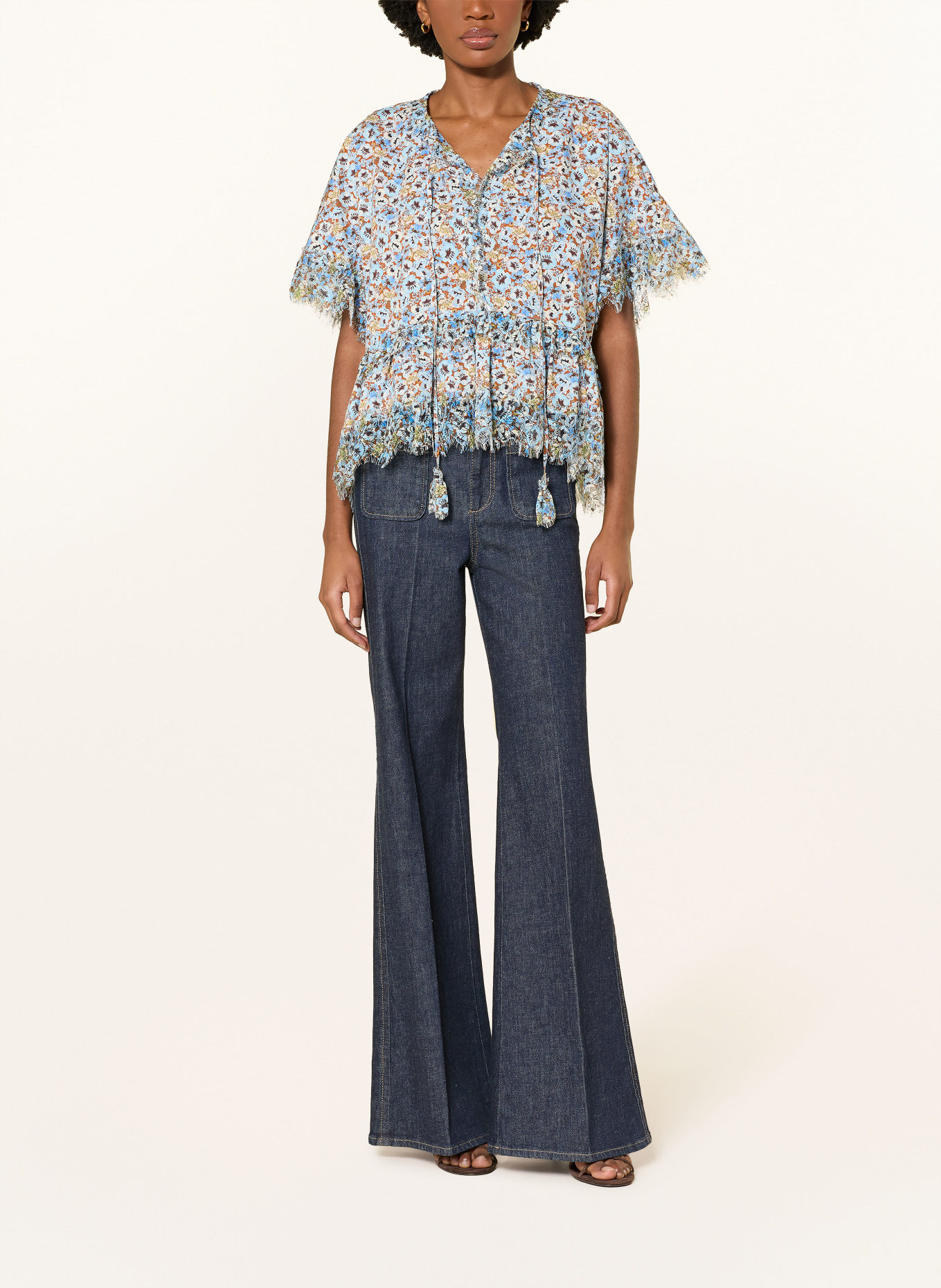 DOROTHEE SCHUMACHER Blusenshirt FLORAL VOLUMES mit Spitze: HELLBLAU / BRAUN