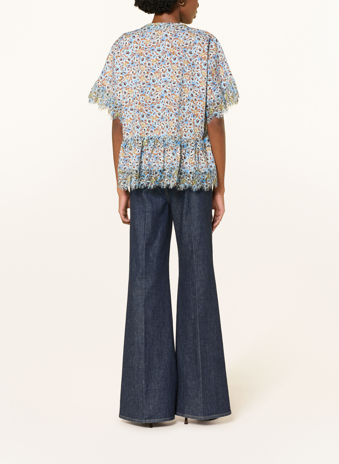 DOROTHEE SCHUMACHER Blusenshirt FLORAL VOLUMES mit Spitze: HELLBLAU / BRAUN