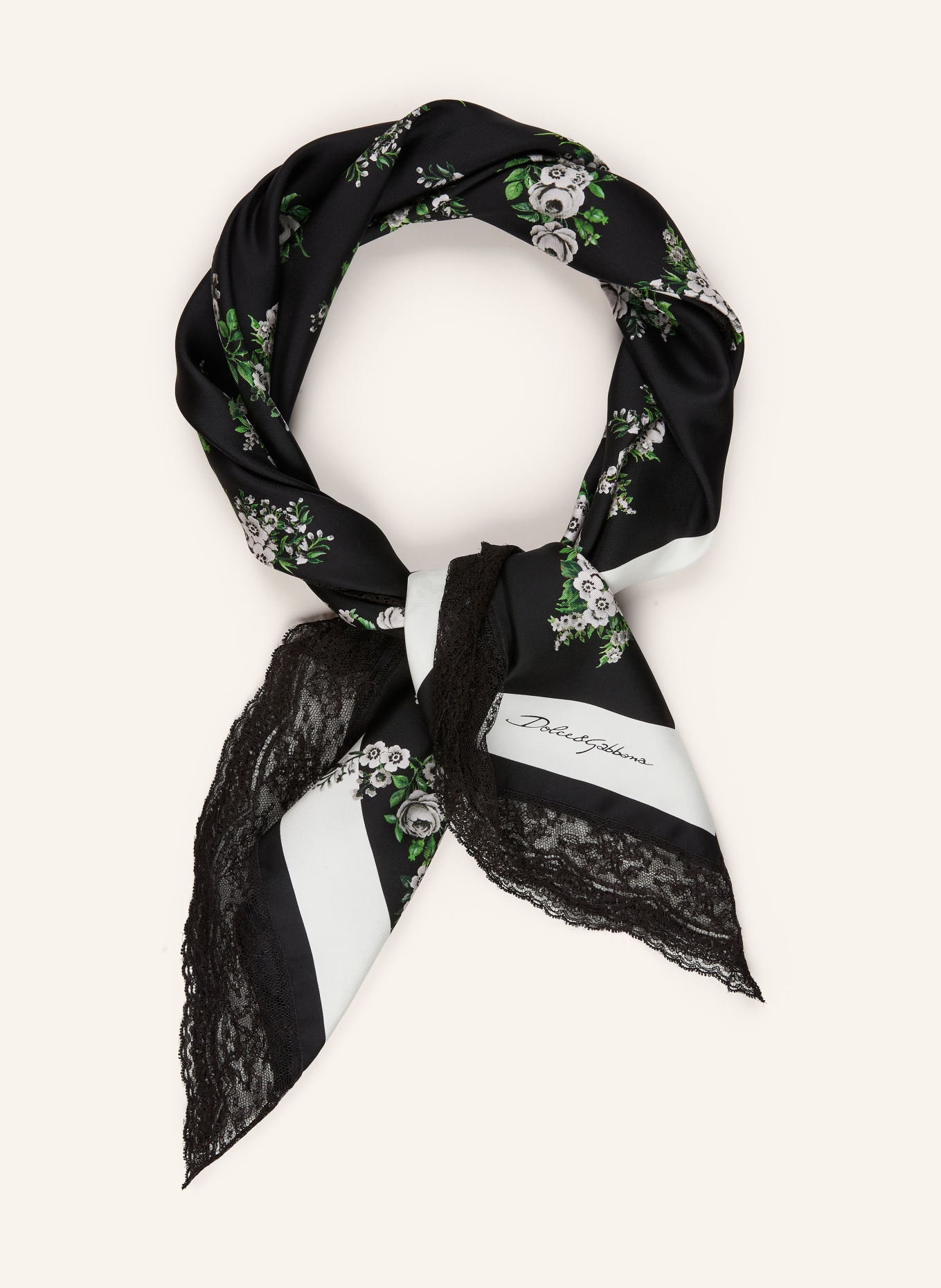 DOLCE & GABBANA Seidentuch mit Spitze: SCHWARZ / ECRU / GRÜN