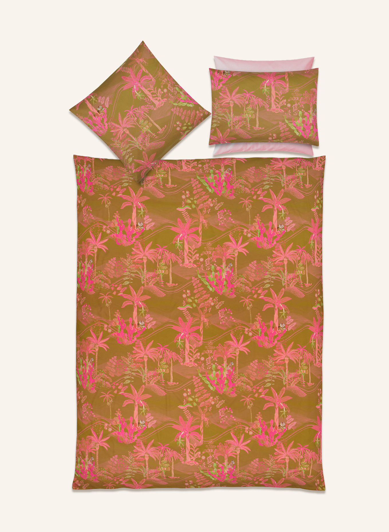 Christian Fischbacher Bettwäsche OASIS: COGNAC / PINK / GRÜN