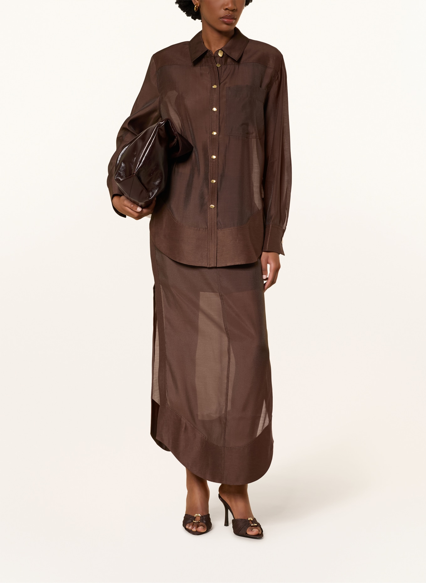 Aje. CAPTURE-blouse van gemengde stoffen met studs: MARRON FONCÉ