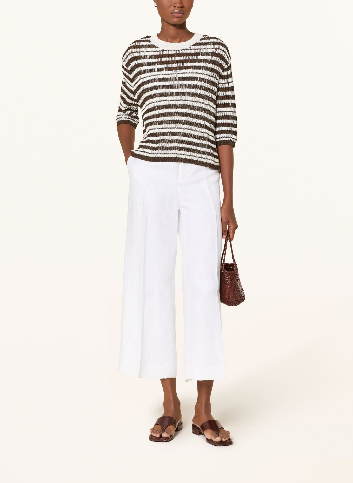 OPUS Pullover PUNNY mit 3/4-Arm: WEISS / DUNKELBRAUN