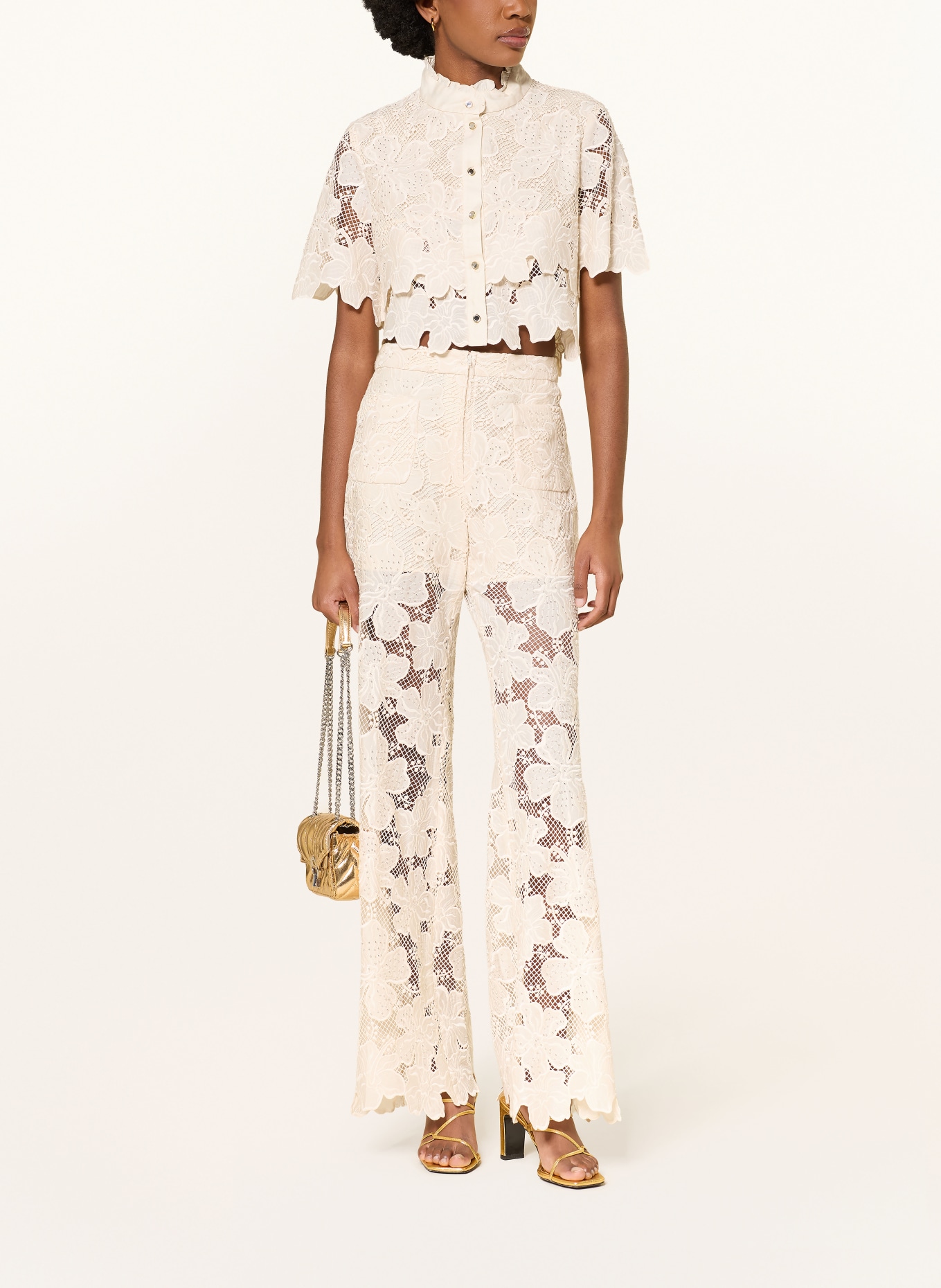 SANDRO Marlenehose aus Spitze mit Schmucksteinen: CREME