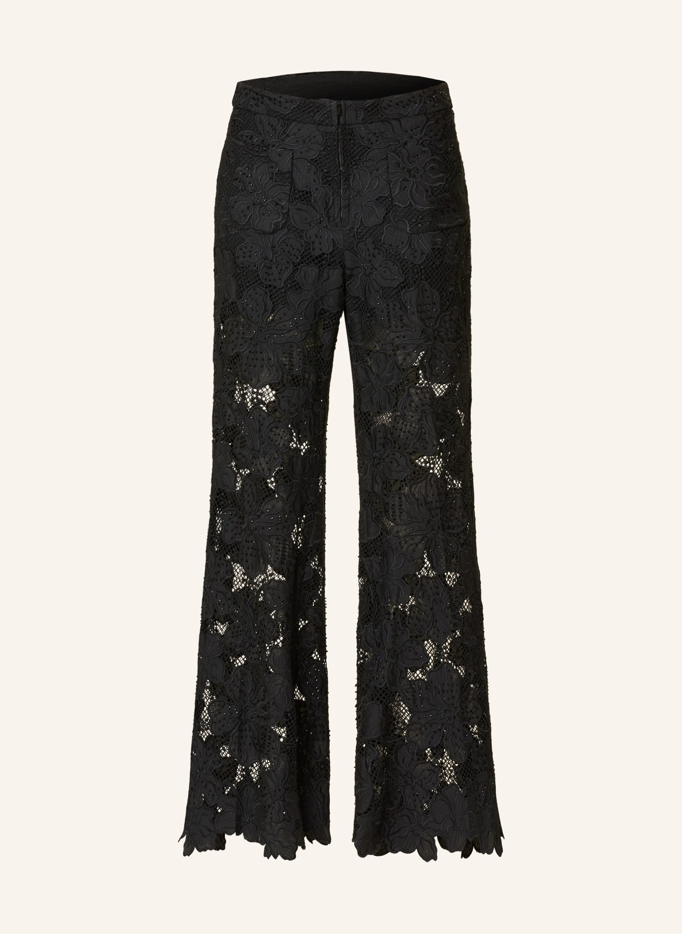 SANDRO Spodnie Marlene z koronki z kamieniami ozdobnymi: CZARNY
