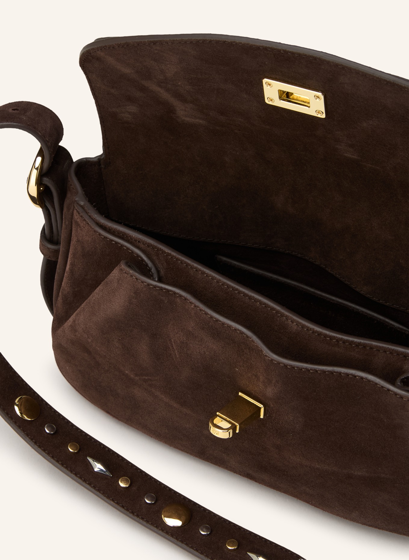 SANDRO Umhängetasche mit Nieten: DUNKELBRAUN / GOLD
