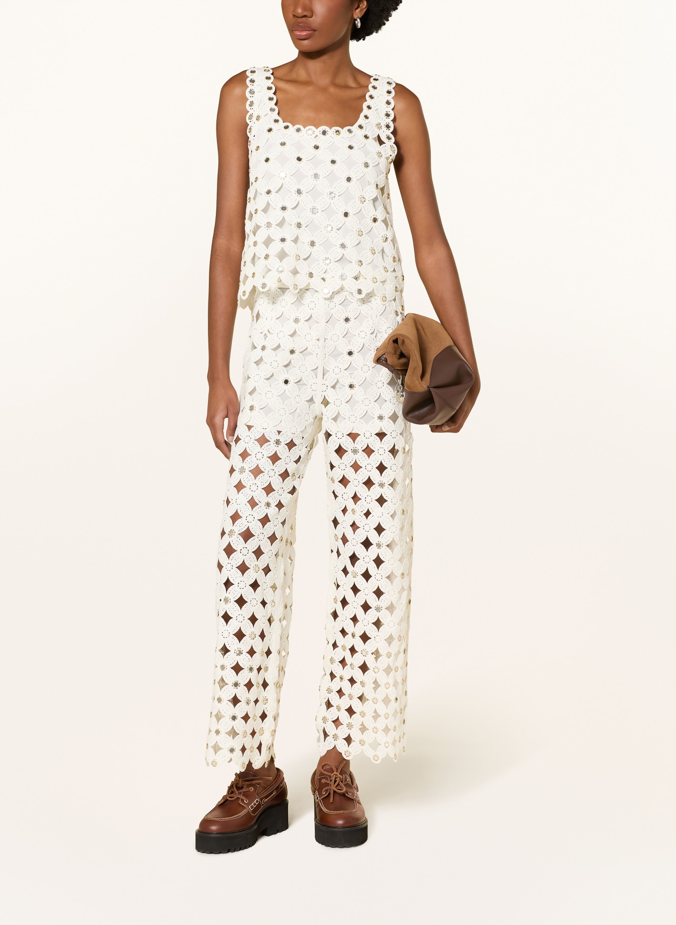 maje Strickhose mit Nieten: WEISS / SILBER / GOLD