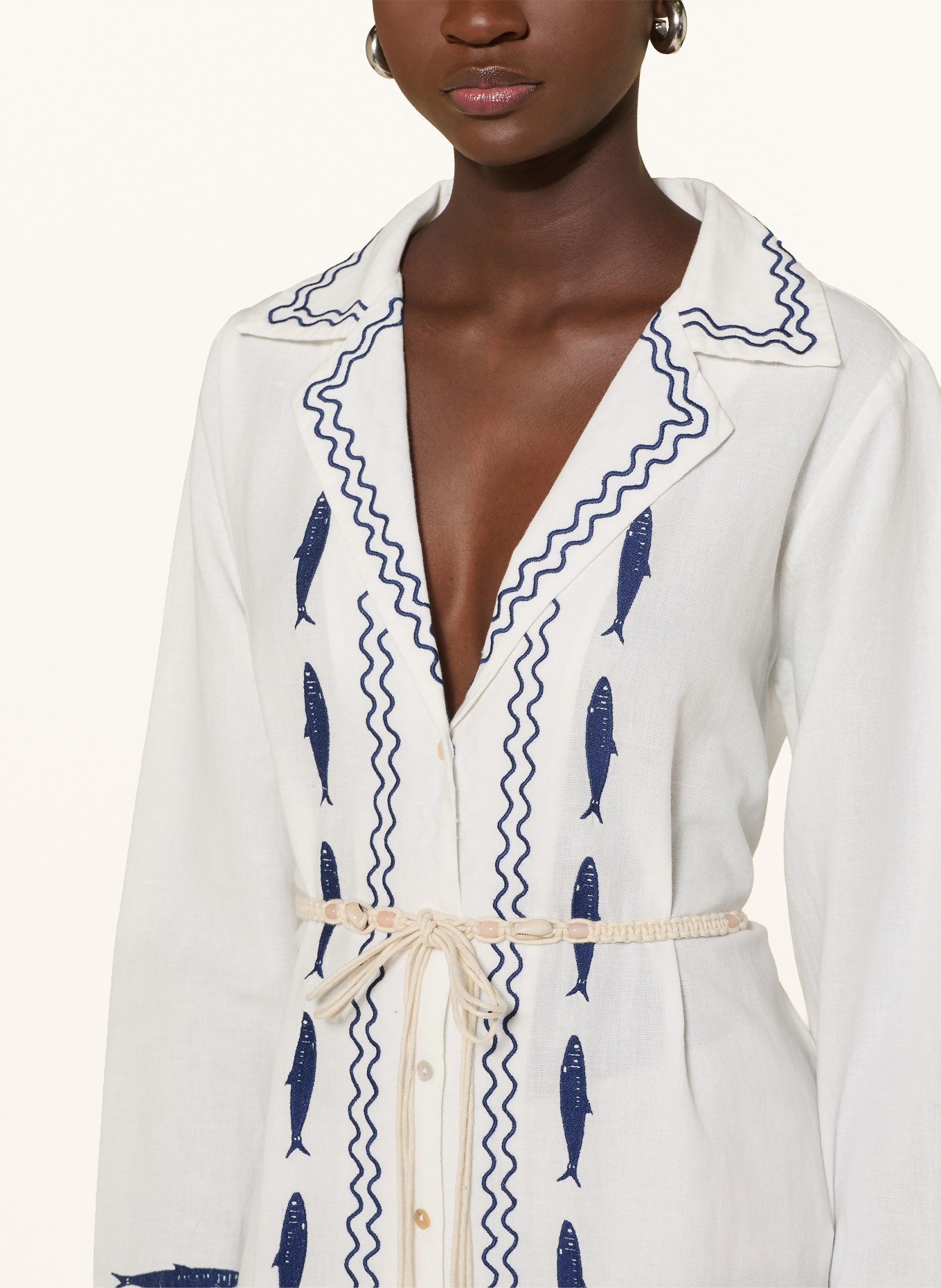 Rich & Royal Kleid mit Leinen: WEISS / DUNKELBLAU