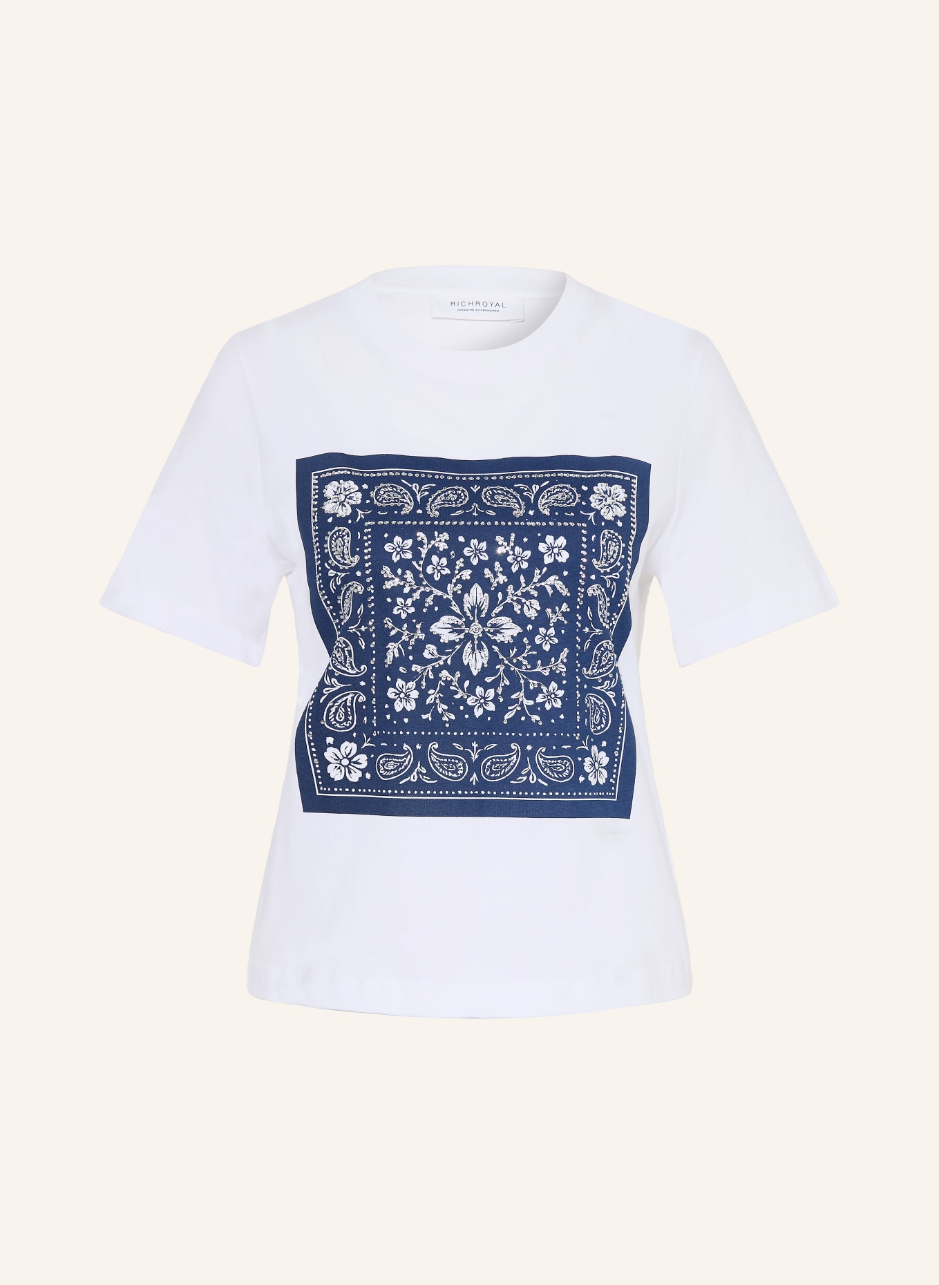 Rich & Royal T-Shirt mit Schmucksteinen: WEISS / DUNKELBLAU