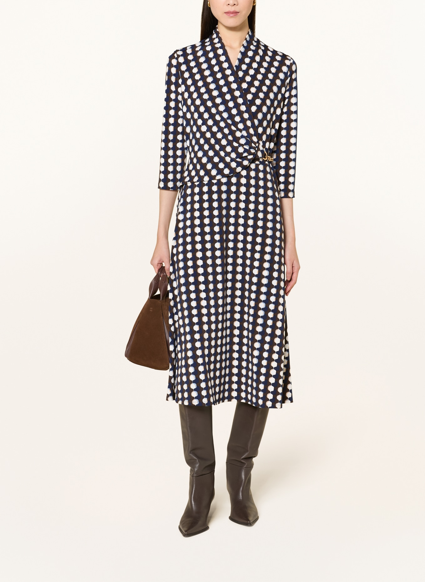 Joseph Ribkoff Jerseykleid in Wickeloptik mit 3/4-Arm: DUNKELBLAU / DUNKELBRAUN / WEISS