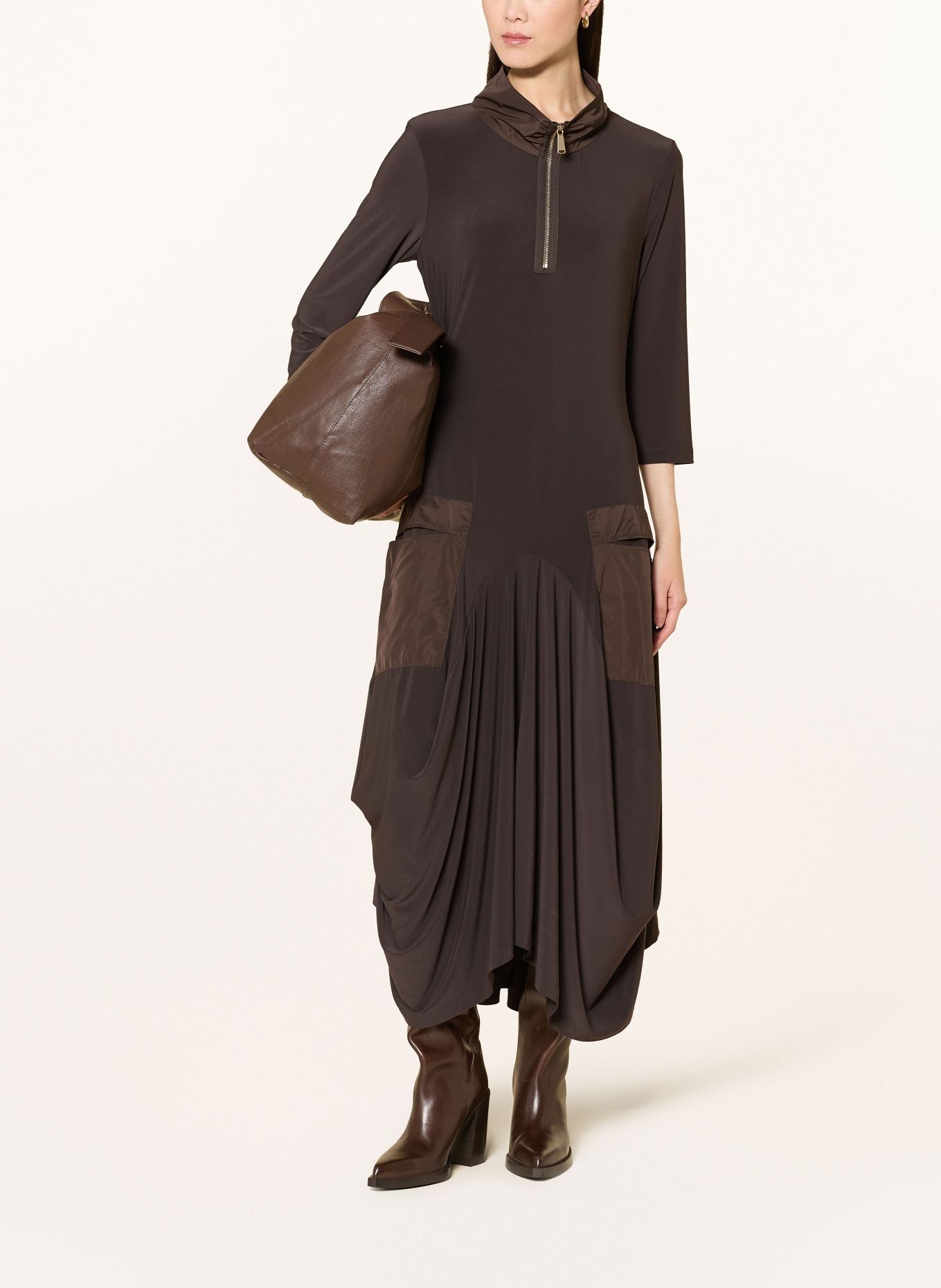 Joseph Ribkoff Jersey dress with 3/4 sleeves: DARK BROWN