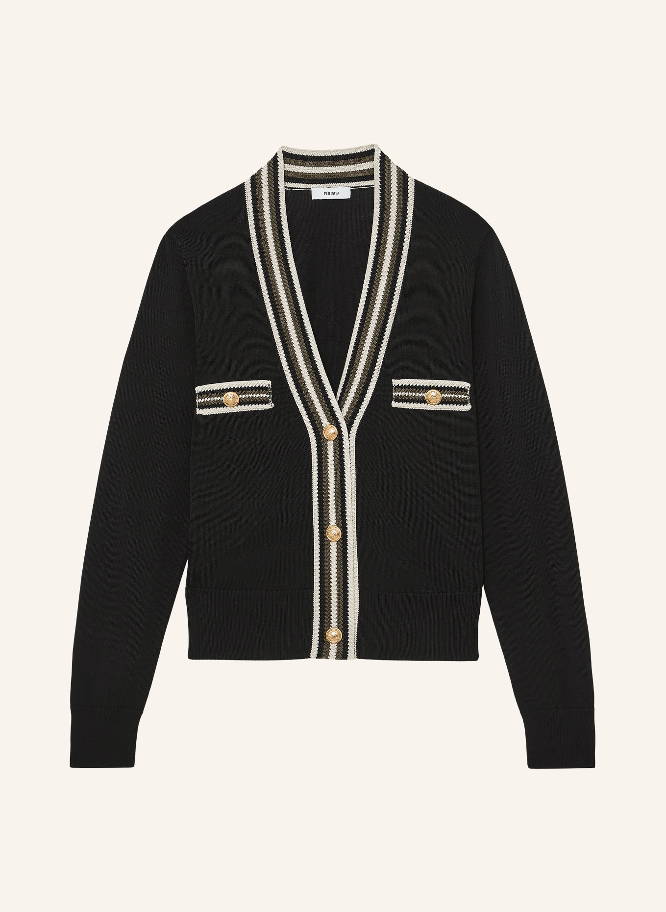 REISS Strickjacke DANNI: SCHWARZ / KHAKI / WEISS