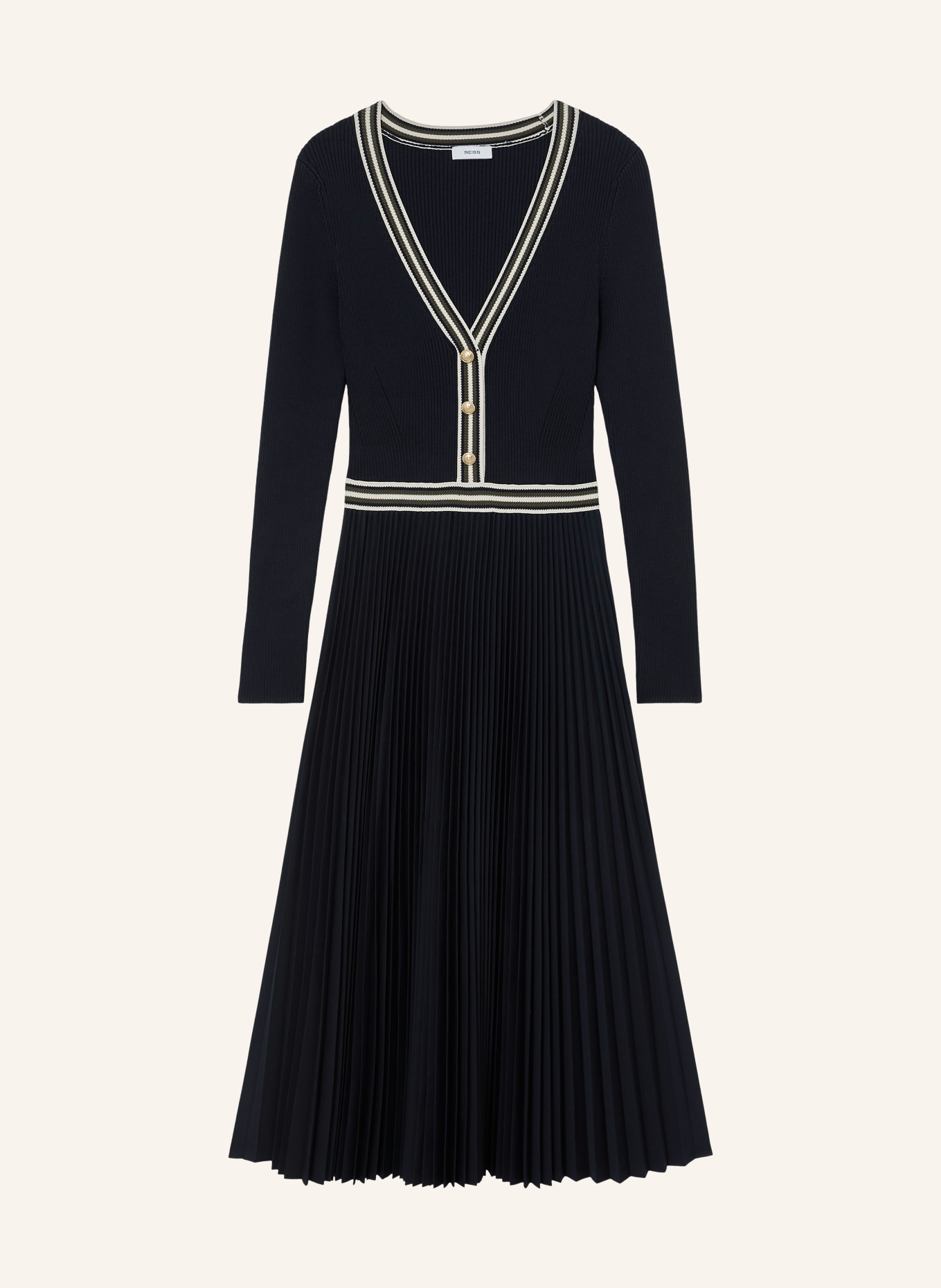 REISS Strickkleid GAIA im Materialmix mit Plissees: DUNKELBLAU / CREME / KHAKI