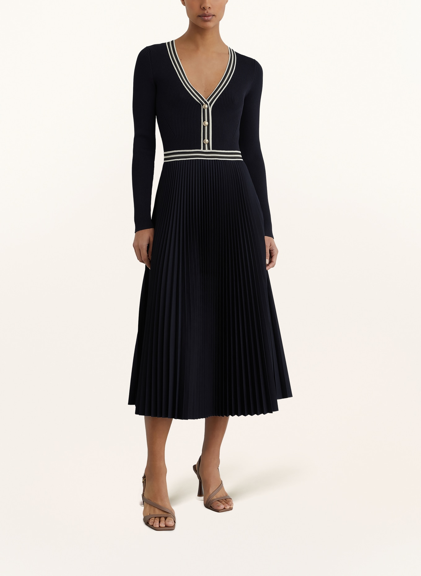 REISS Strickkleid GAIA im Materialmix mit Plissees: DUNKELBLAU / CREME / KHAKI