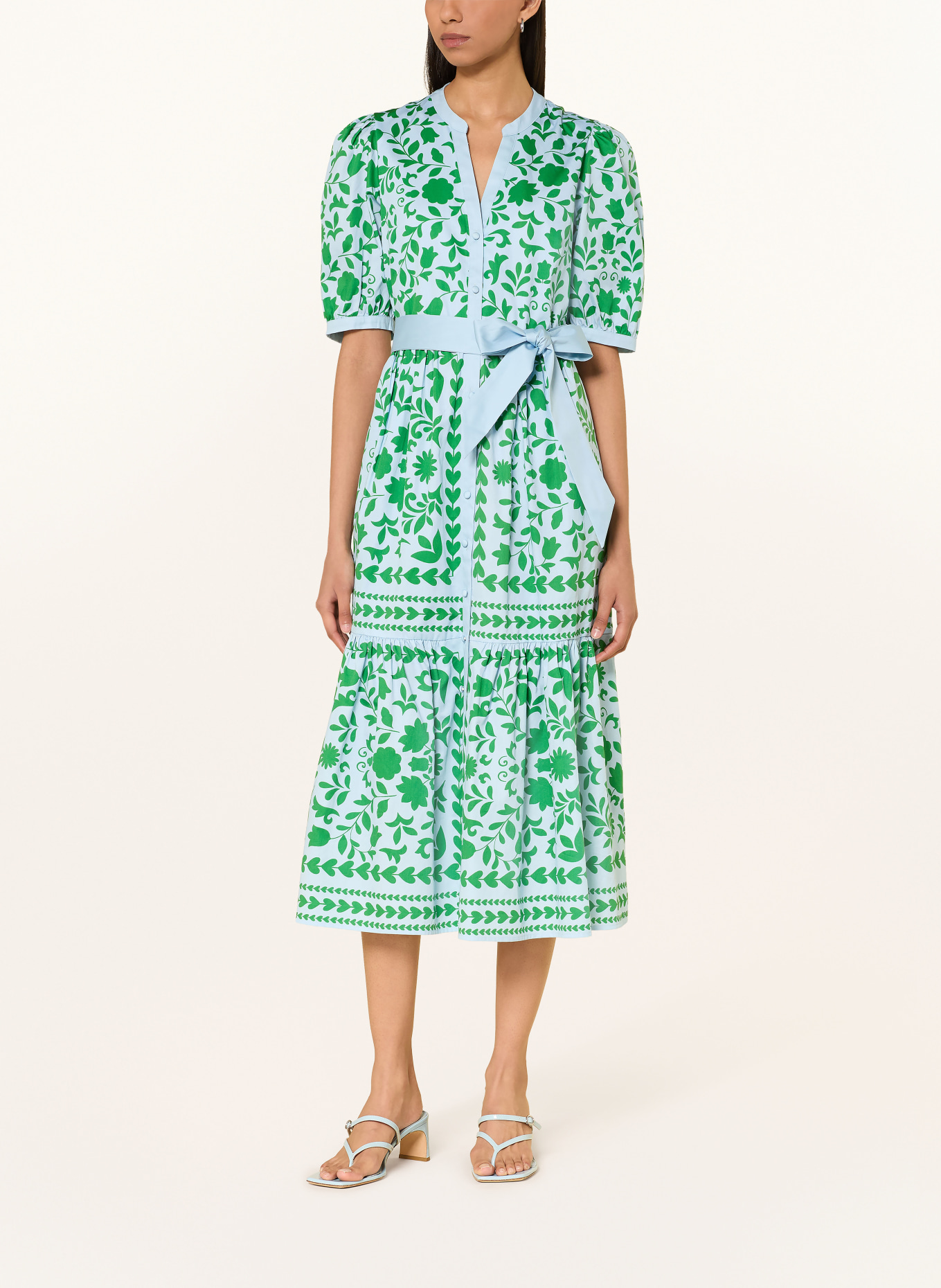 Phase Eight Jurk TRINITY met ruches: LICHTBLAUW / GROEN