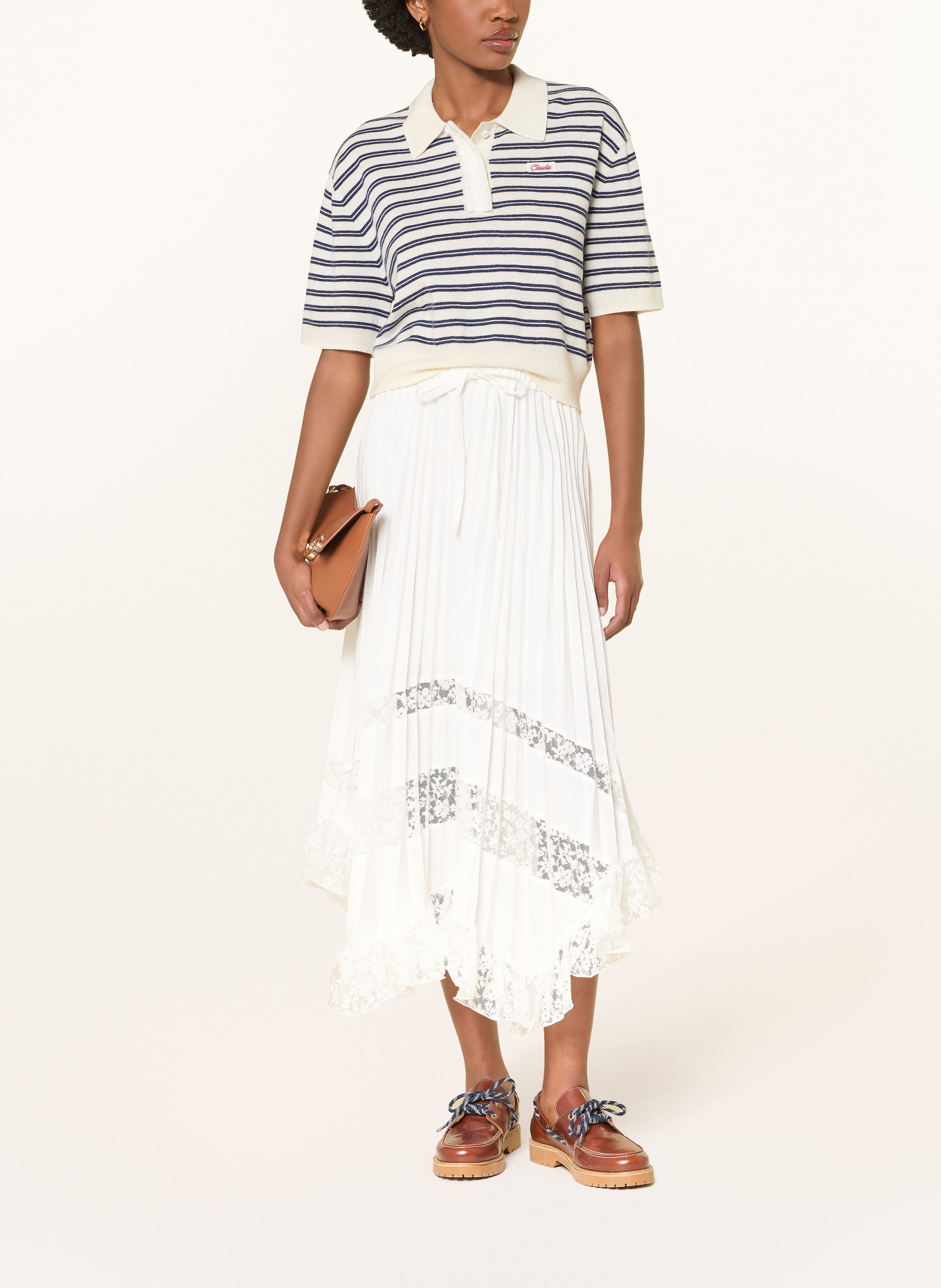 CLAUDIE PIERLOT Plisseerock mit Spitze und Rüschen: WEISS