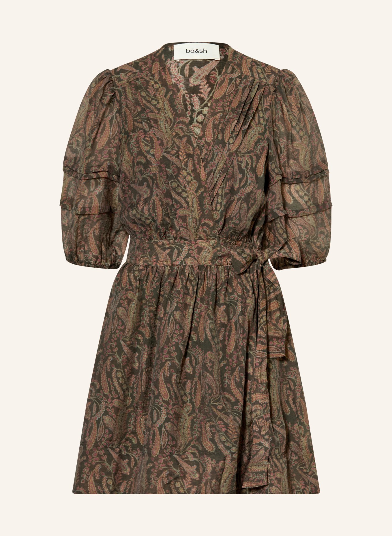 ba&sh Wickelkleid TEODORA mit 3/4-Arm: DUNKELBRAUN / PINK / KHAKI