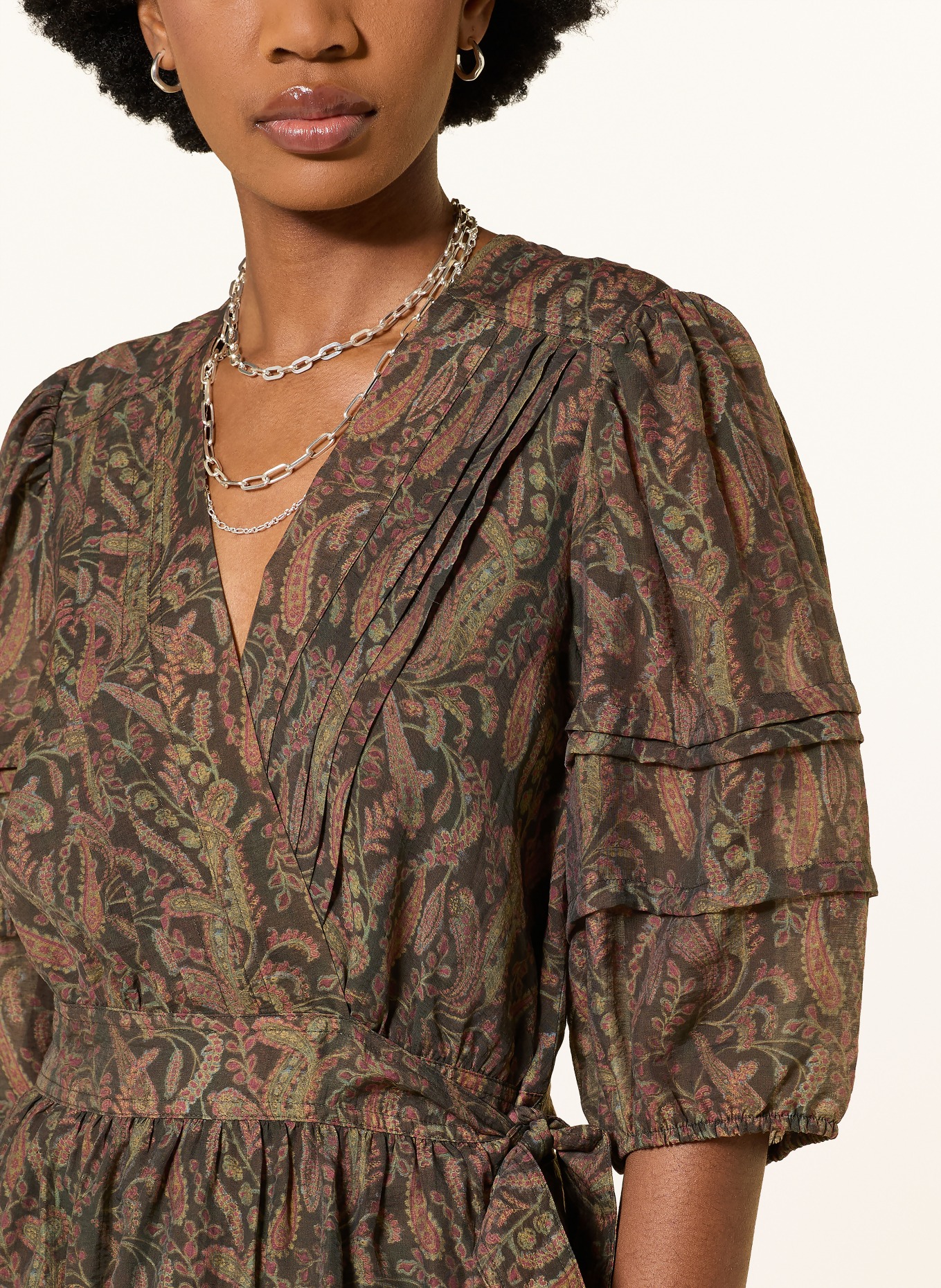 ba&sh Wickelkleid TEODORA mit 3/4-Arm: DUNKELBRAUN / PINK / KHAKI