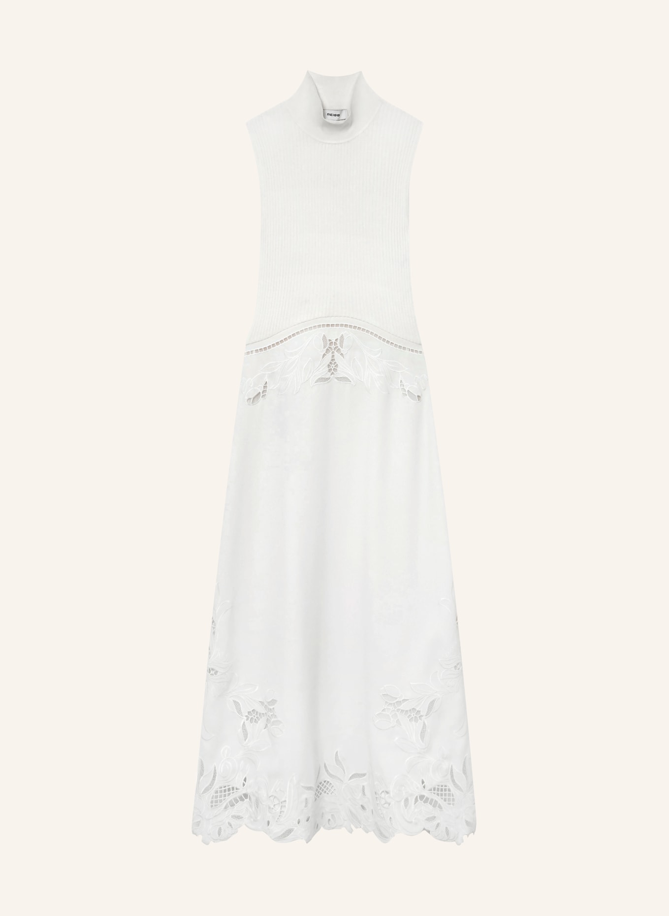 REISS PHOENIX dress in a mix of materials with eyelet lace: ECRU