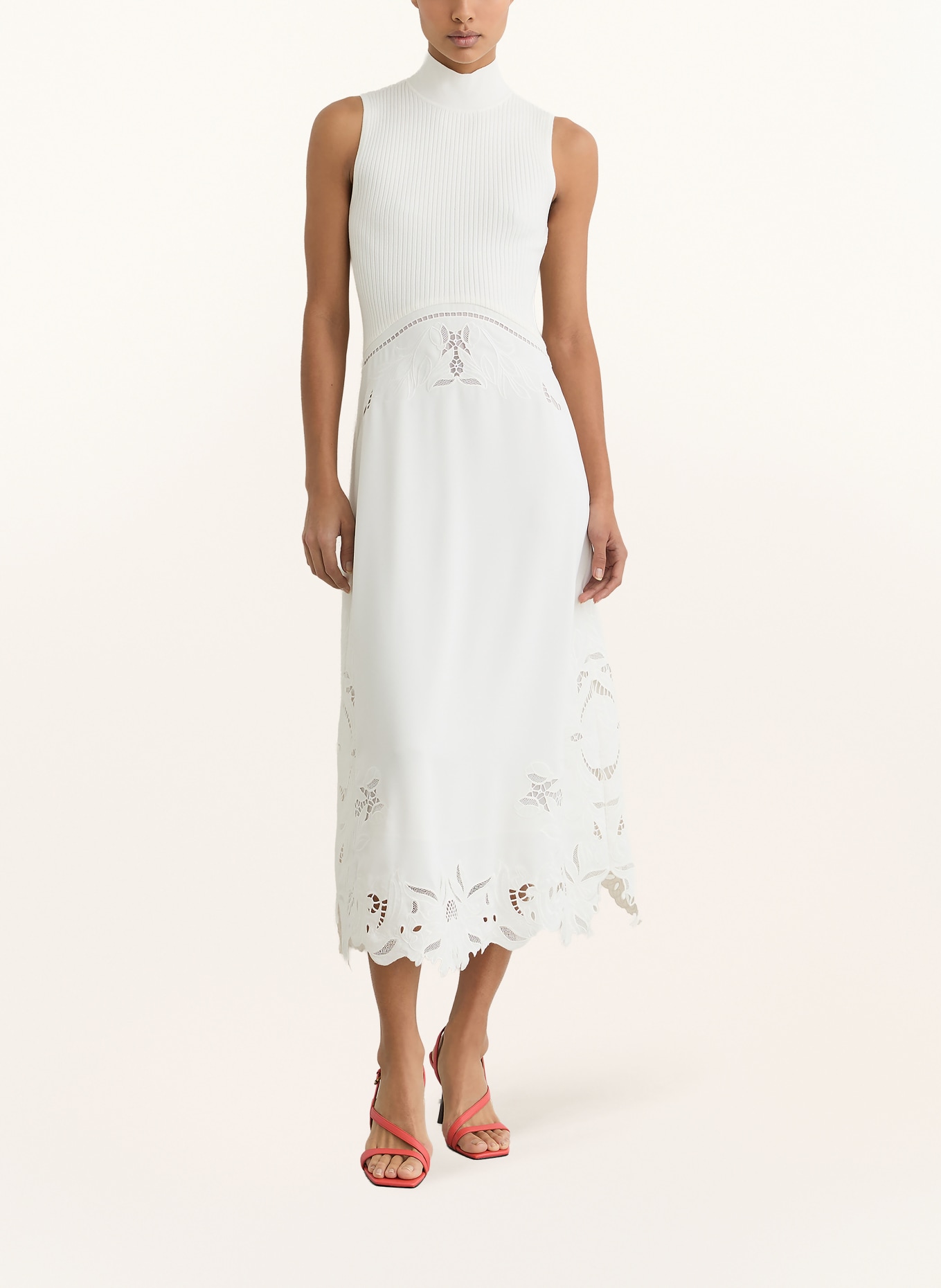 REISS PHOENIX dress in a mix of materials with eyelet lace: ECRU