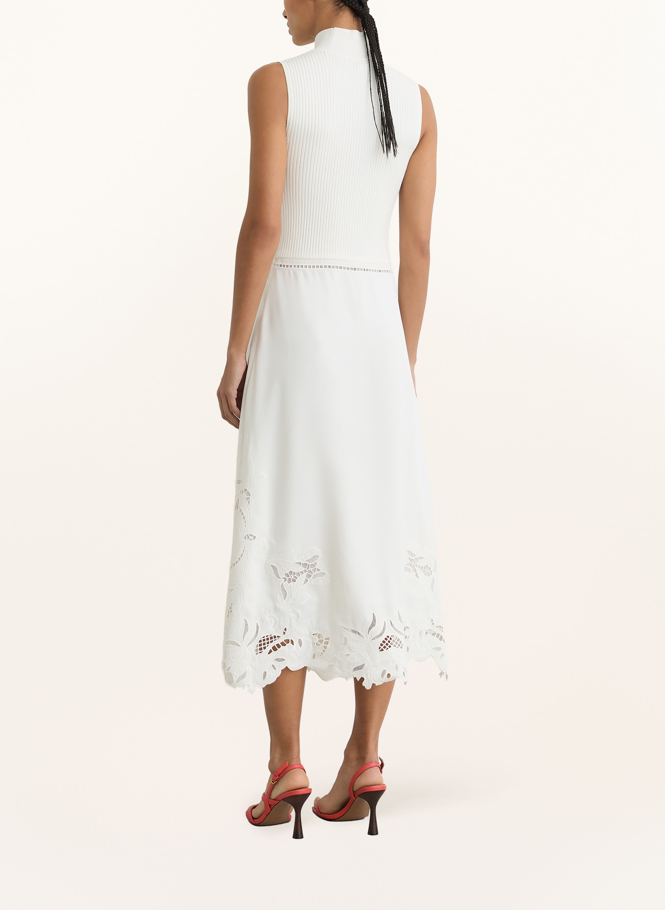 REISS PHOENIX dress in a mix of materials with eyelet lace: ECRU