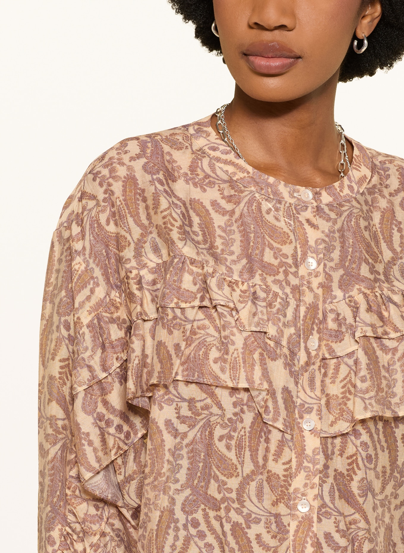 ba&sh Bluse TUNELLA mit Rüschen: ROSÉGOLD / BRAUN / LILA