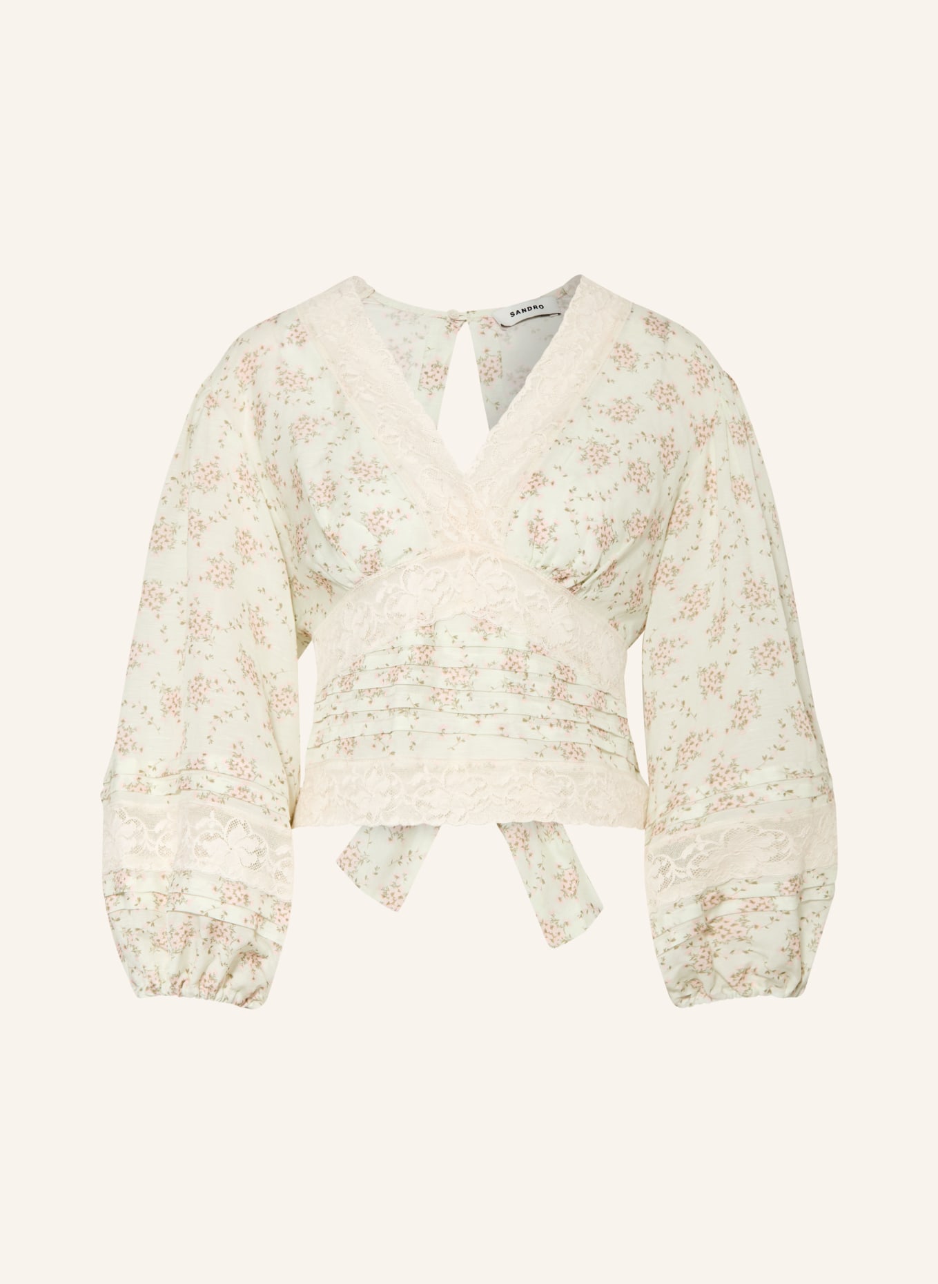 SANDRO Blusenshirt mit Leinen und Spitze: HELLGRÜN / HELLROSA / DUNKELGRÜN