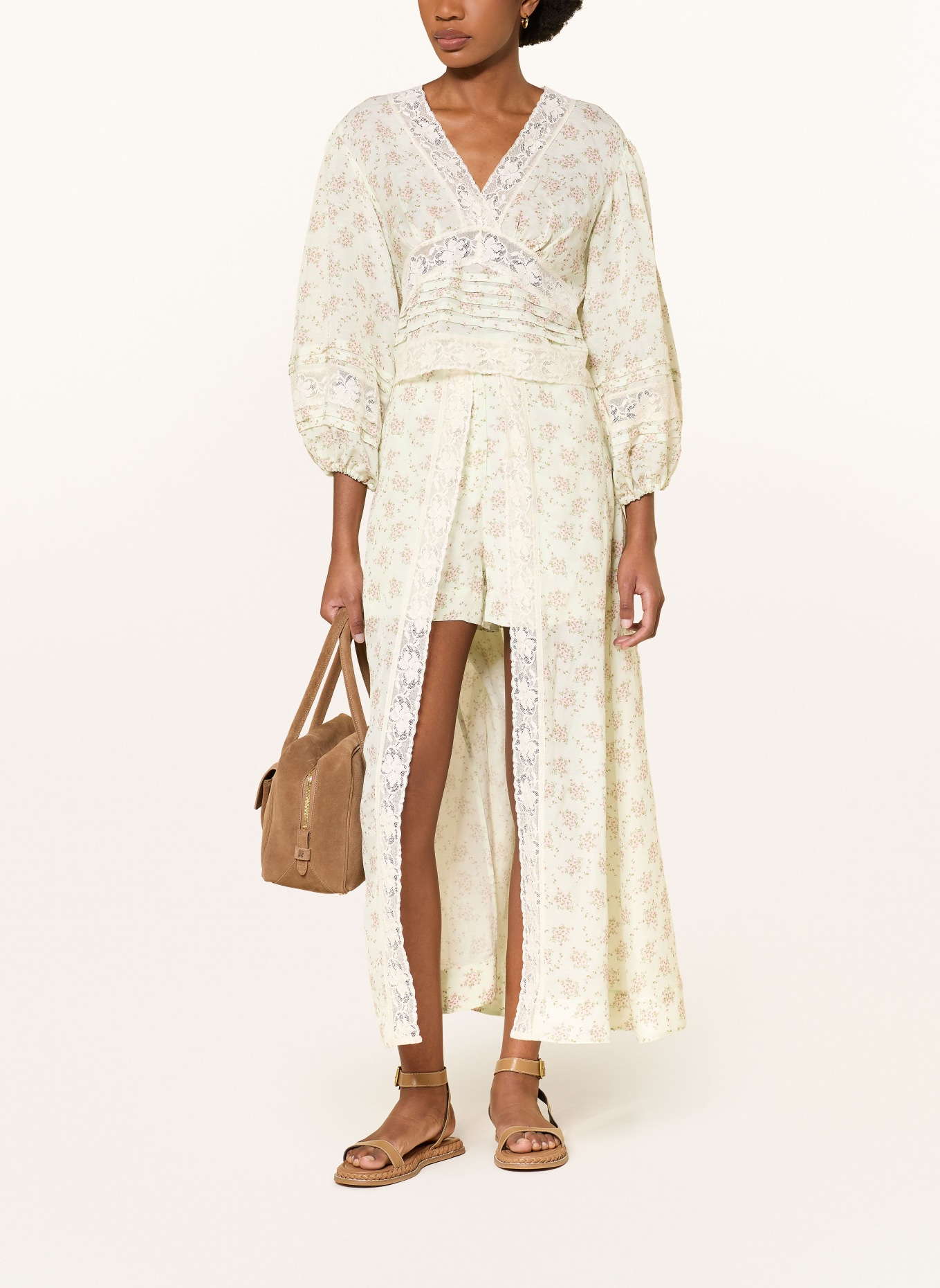 SANDRO Blusenshirt mit Leinen und Spitze: HELLGRÜN / HELLROSA / DUNKELGRÜN