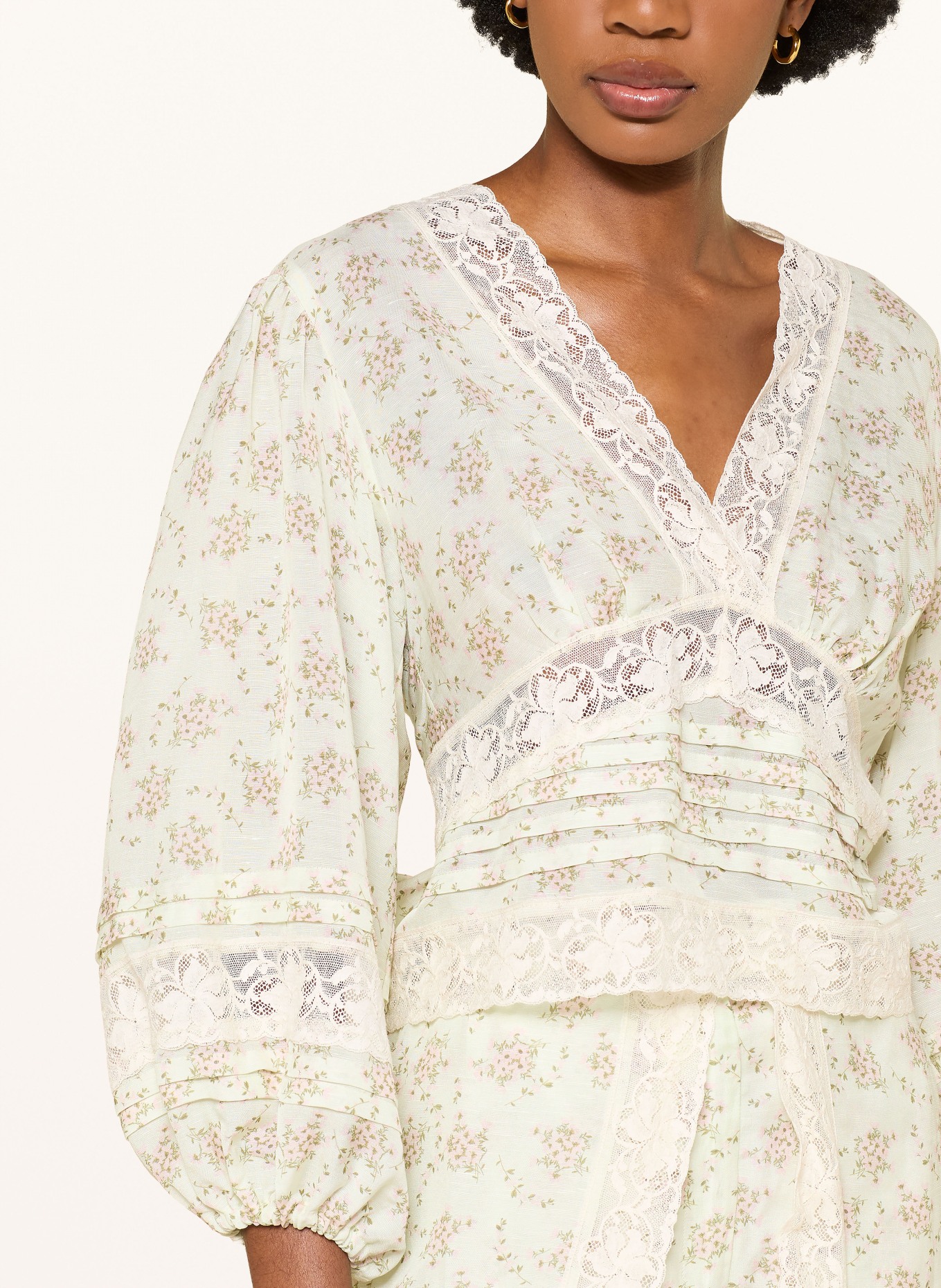 SANDRO Blusenshirt mit Leinen und Spitze: HELLGRÜN / HELLROSA / DUNKELGRÜN