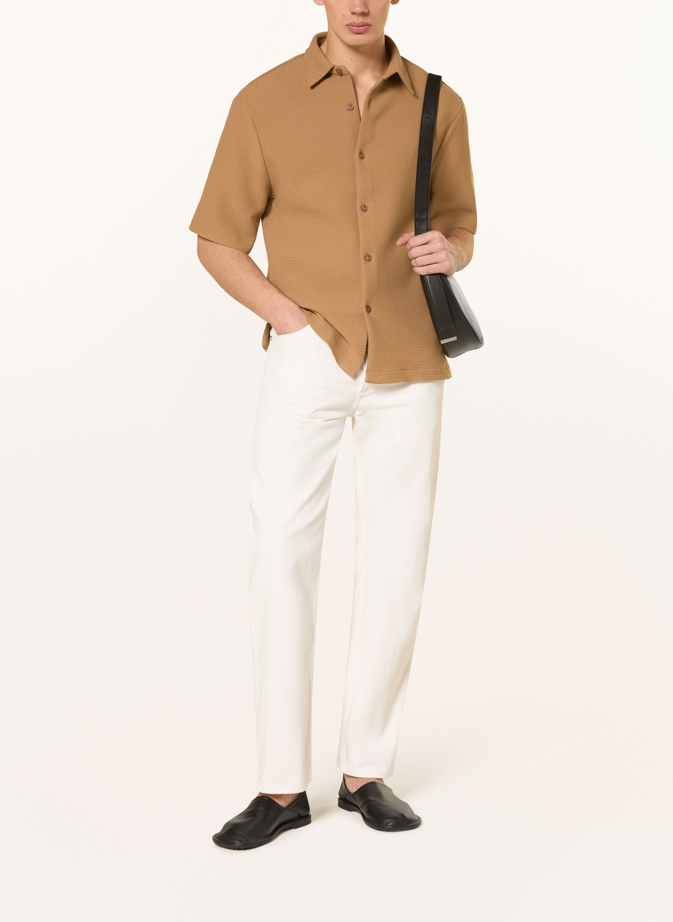 SANDRO Kurzarm-Hemd Slim Fit aus Piqué: COGNAC