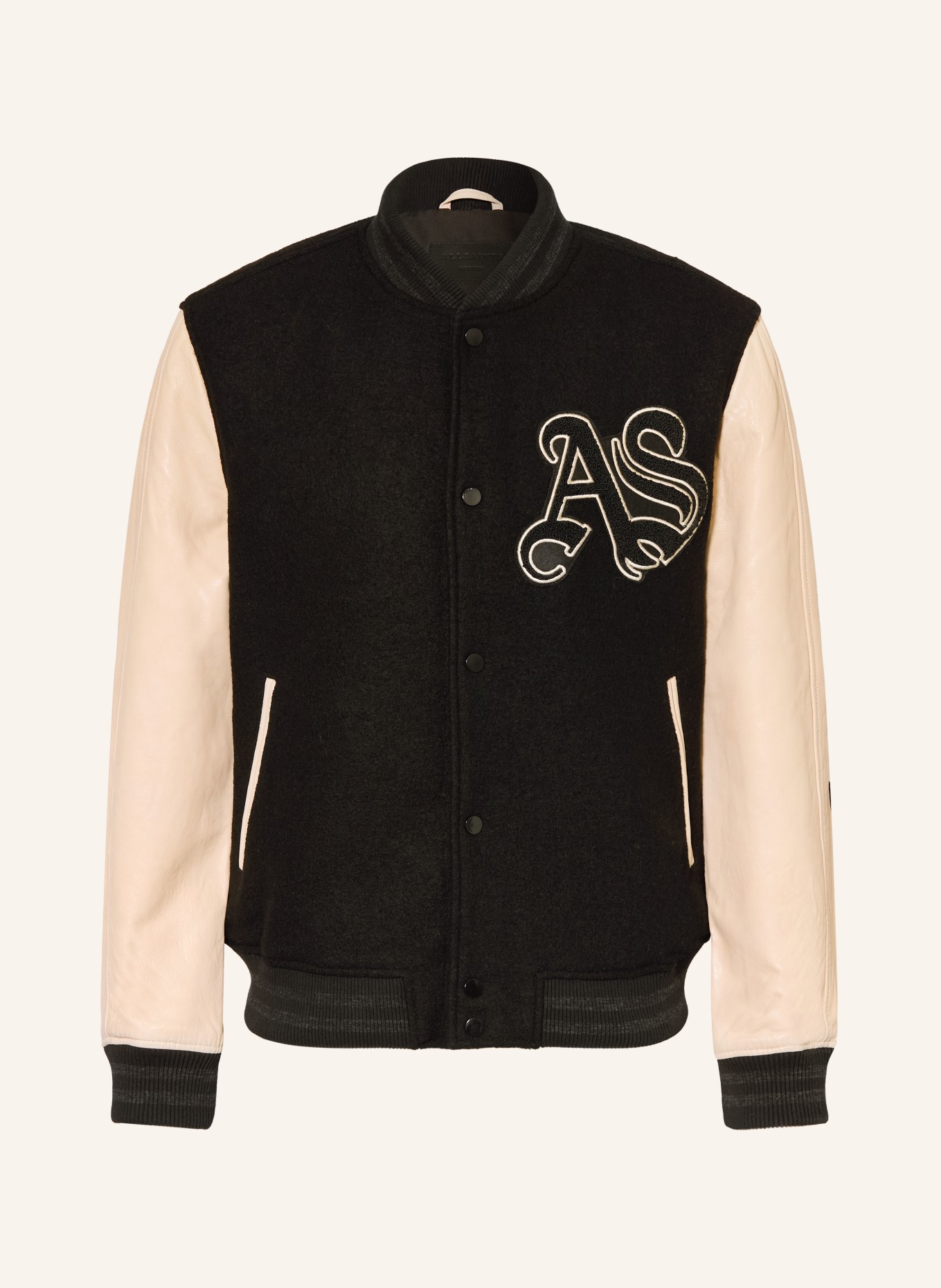 ALLSAINTS HOLLOWAY college jacket in a mix of materials: BLACK / ECRU