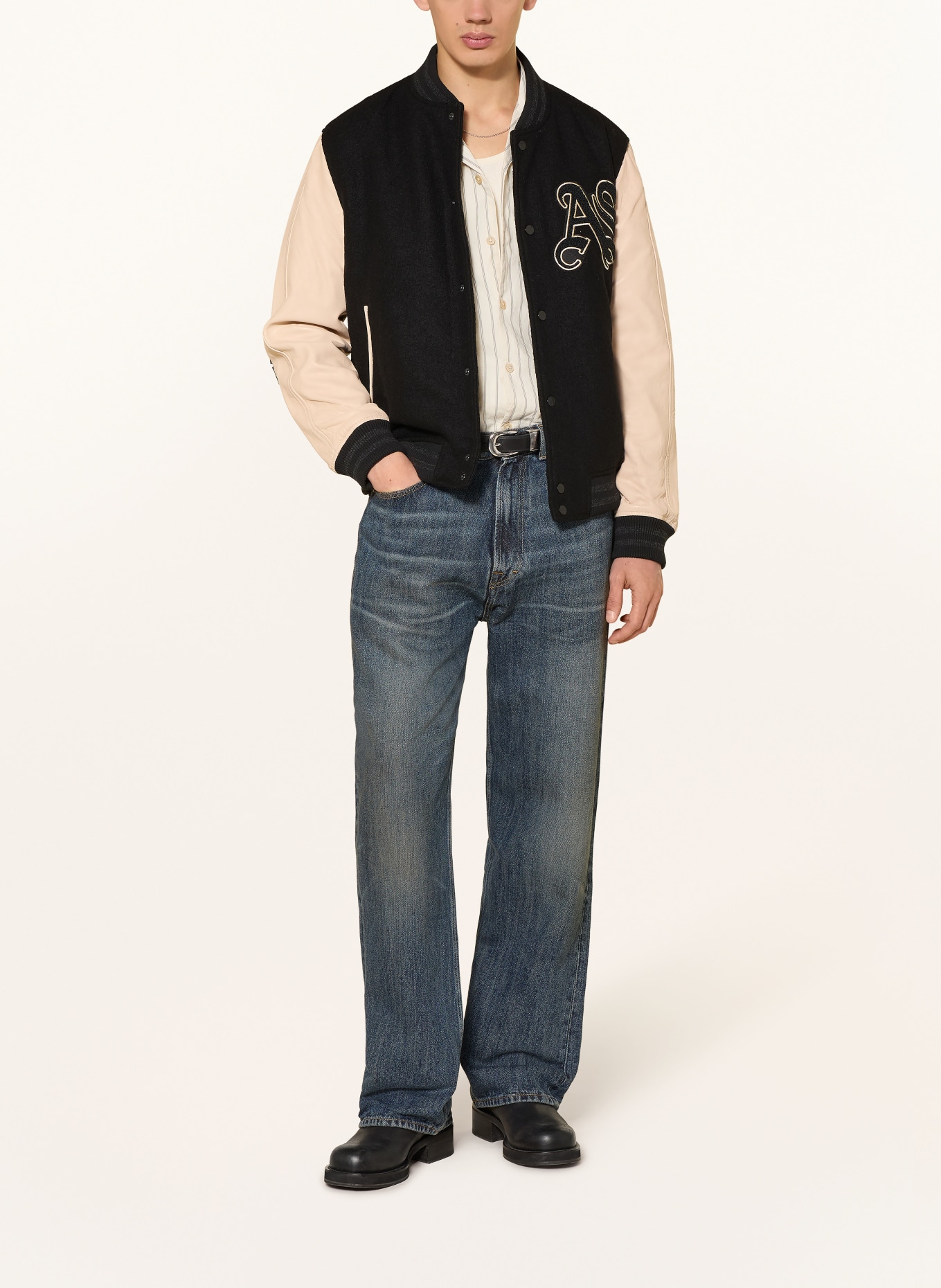 ALLSAINTS HOLLOWAY college jacket in a mix of materials: BLACK / ECRU