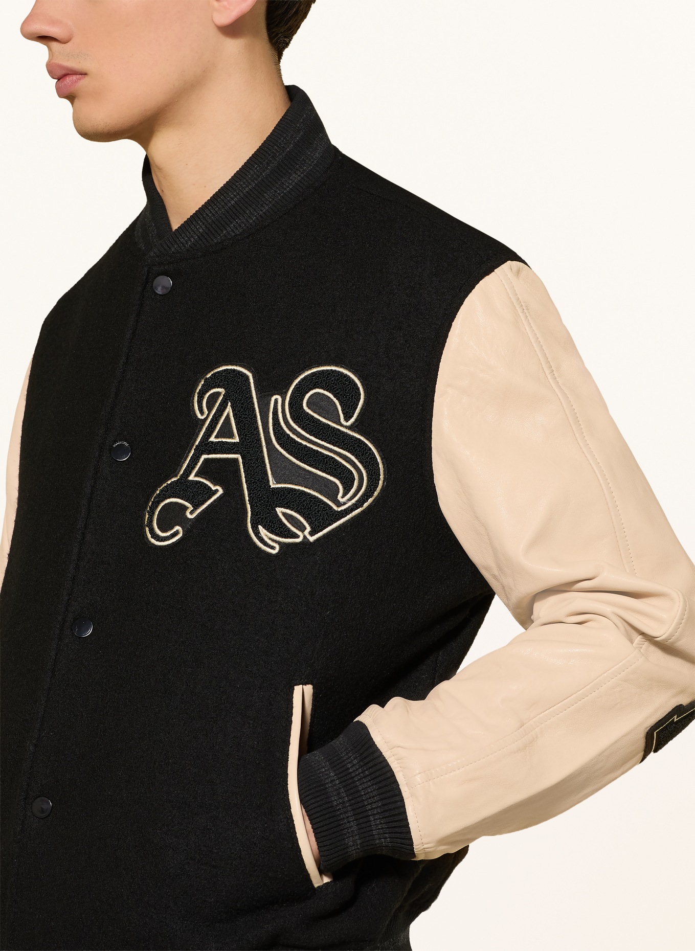 ALLSAINTS HOLLOWAY college jacket in a mix of materials: BLACK / ECRU