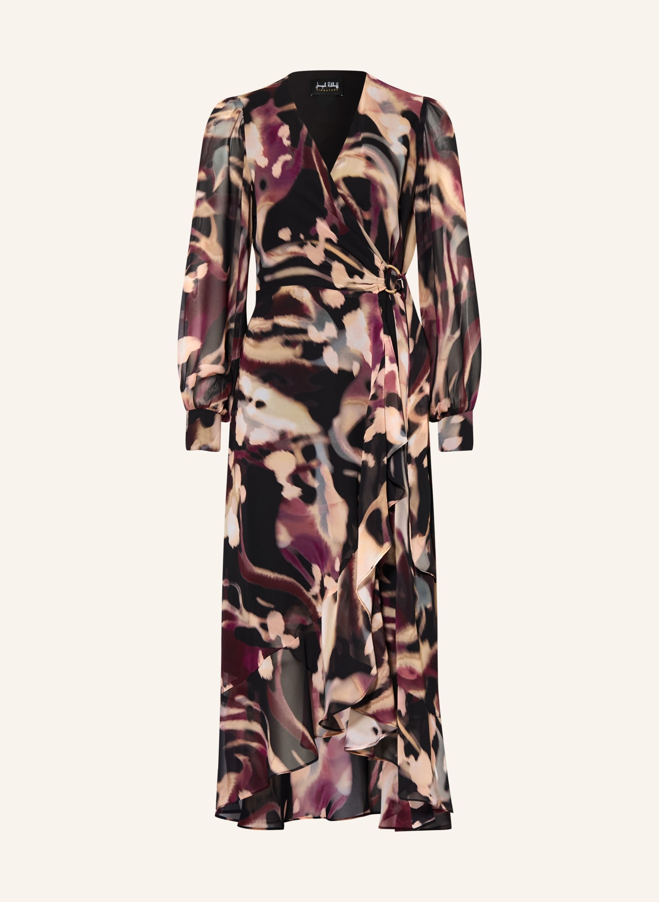 Joseph Ribkoff SIGNATURE Robe de cocktail à effet cache-cœur avec volants: NOIR / MARRON CLAIR / LILAS FONCÉ