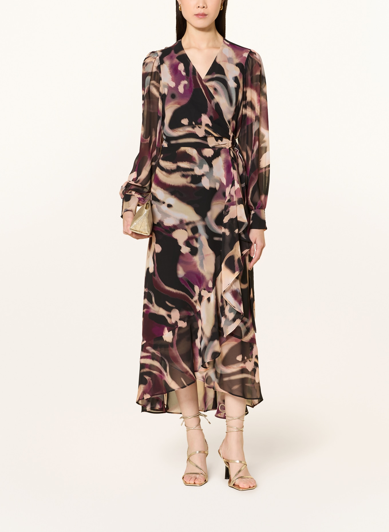 Joseph Ribkoff SIGNATURE Robe de cocktail à effet cache-cœur avec volants: NOIR / MARRON CLAIR / LILAS FONCÉ