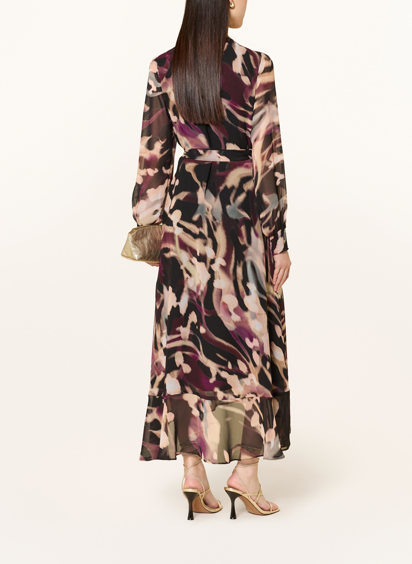 Joseph Ribkoff SIGNATURE Robe de cocktail à effet cache-cœur avec volants: NOIR / MARRON CLAIR / LILAS FONCÉ