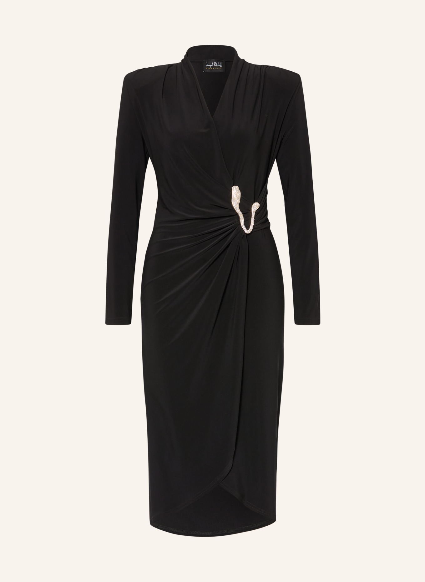 Joseph Ribkoff SIGNATURE Rochie de cocktail cu efect de drapaj și pietre decorative: NEGRU / ARGINT