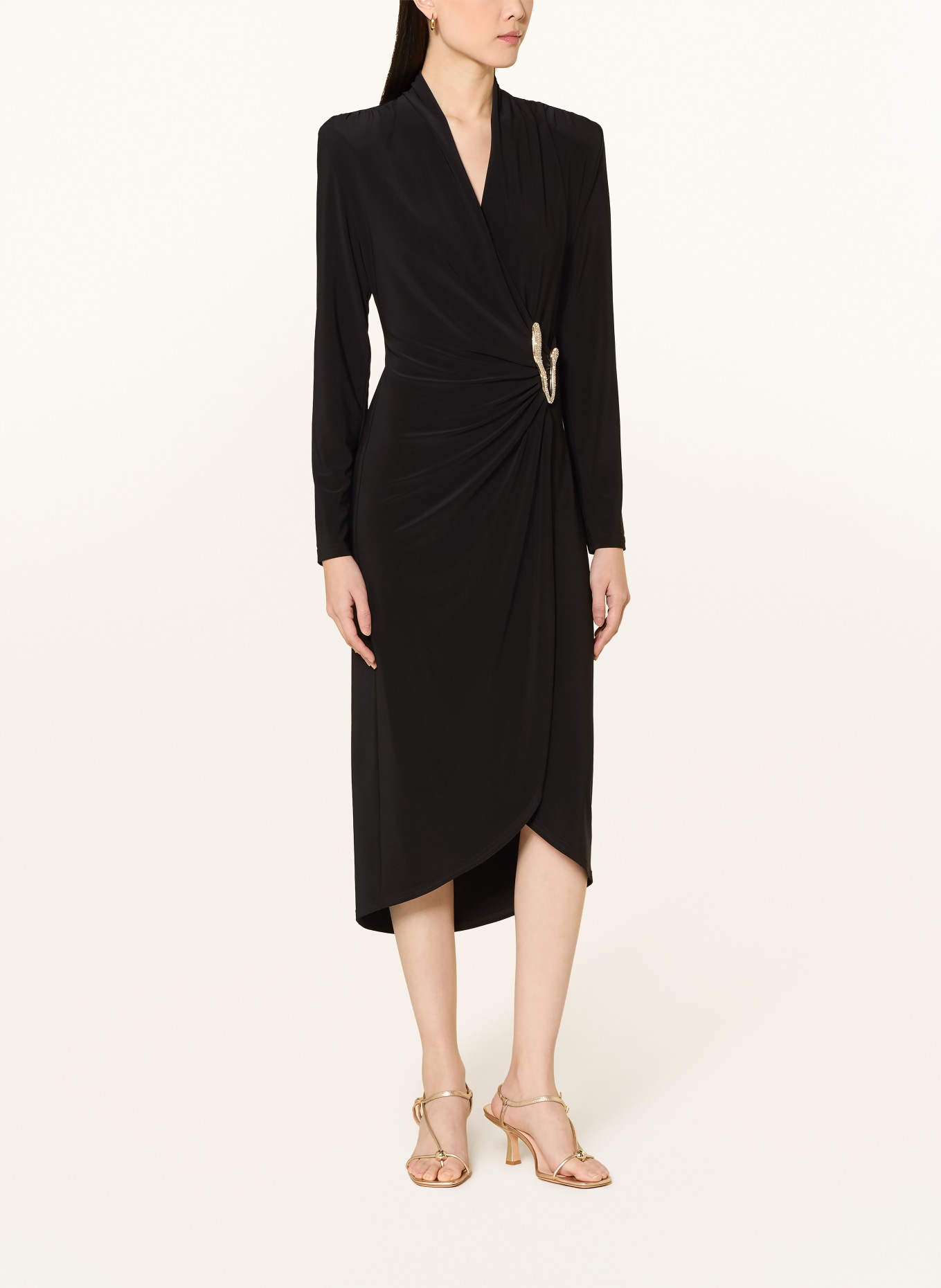 Joseph Ribkoff SIGNATURE Rochie de cocktail cu efect de drapaj și pietre decorative: NEGRU / ARGINT