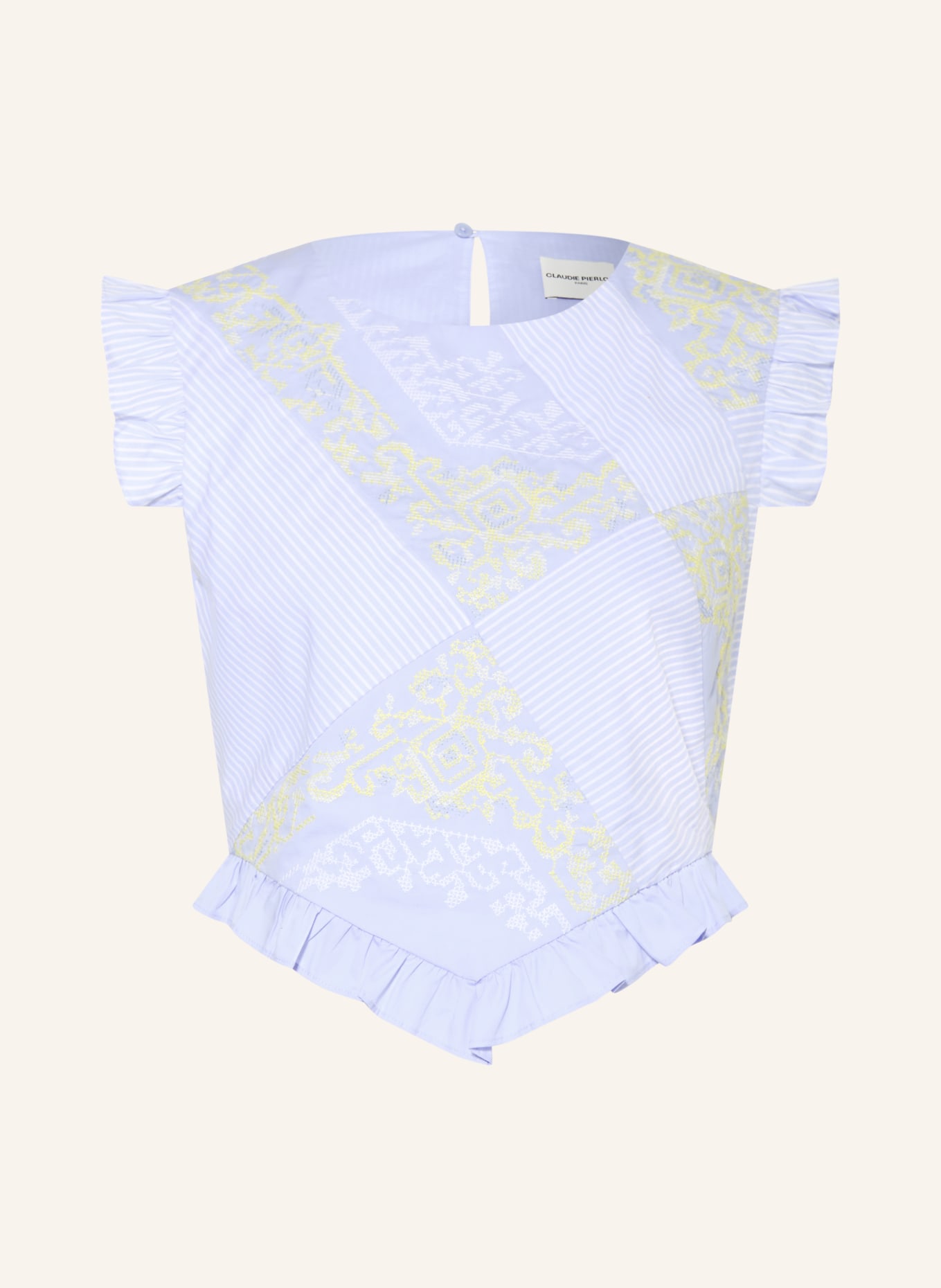 CLAUDIE PIERLOT Blusentop mit Rüschen: HELLBLAU / HELLGELB / WEISS