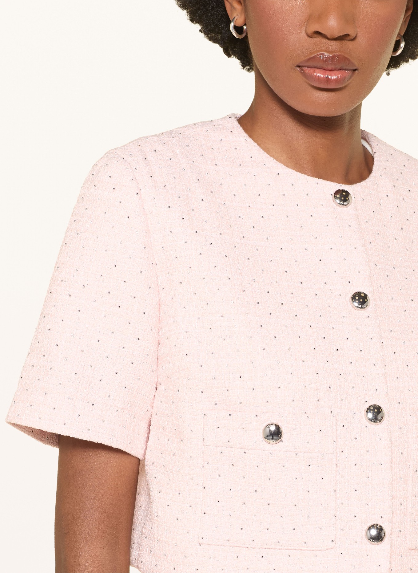 maje Tweed-Jacke mit Schmucksteinen und Glitzergarn: ROSÉ