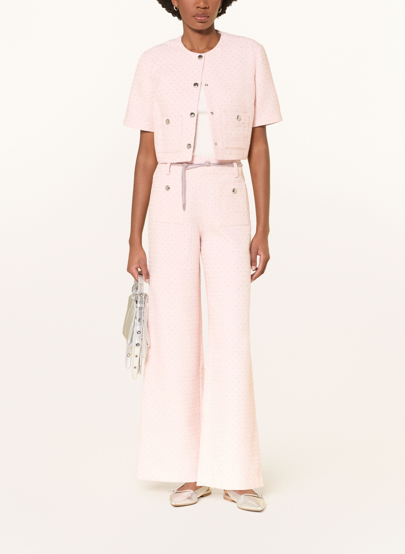 maje Tweed-Hose mit Schmucksteinen und Glitzergarn: HELLROSA