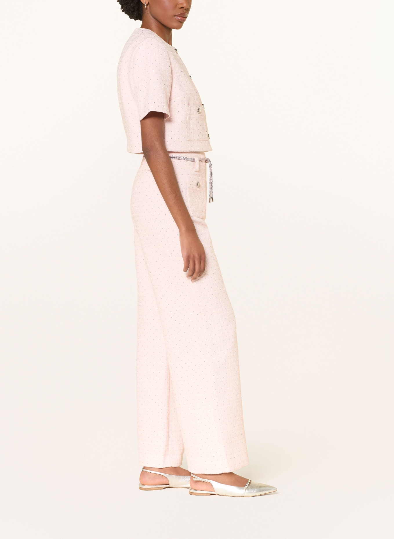 maje Tweed-Hose mit Schmucksteinen und Glitzergarn: HELLROSA