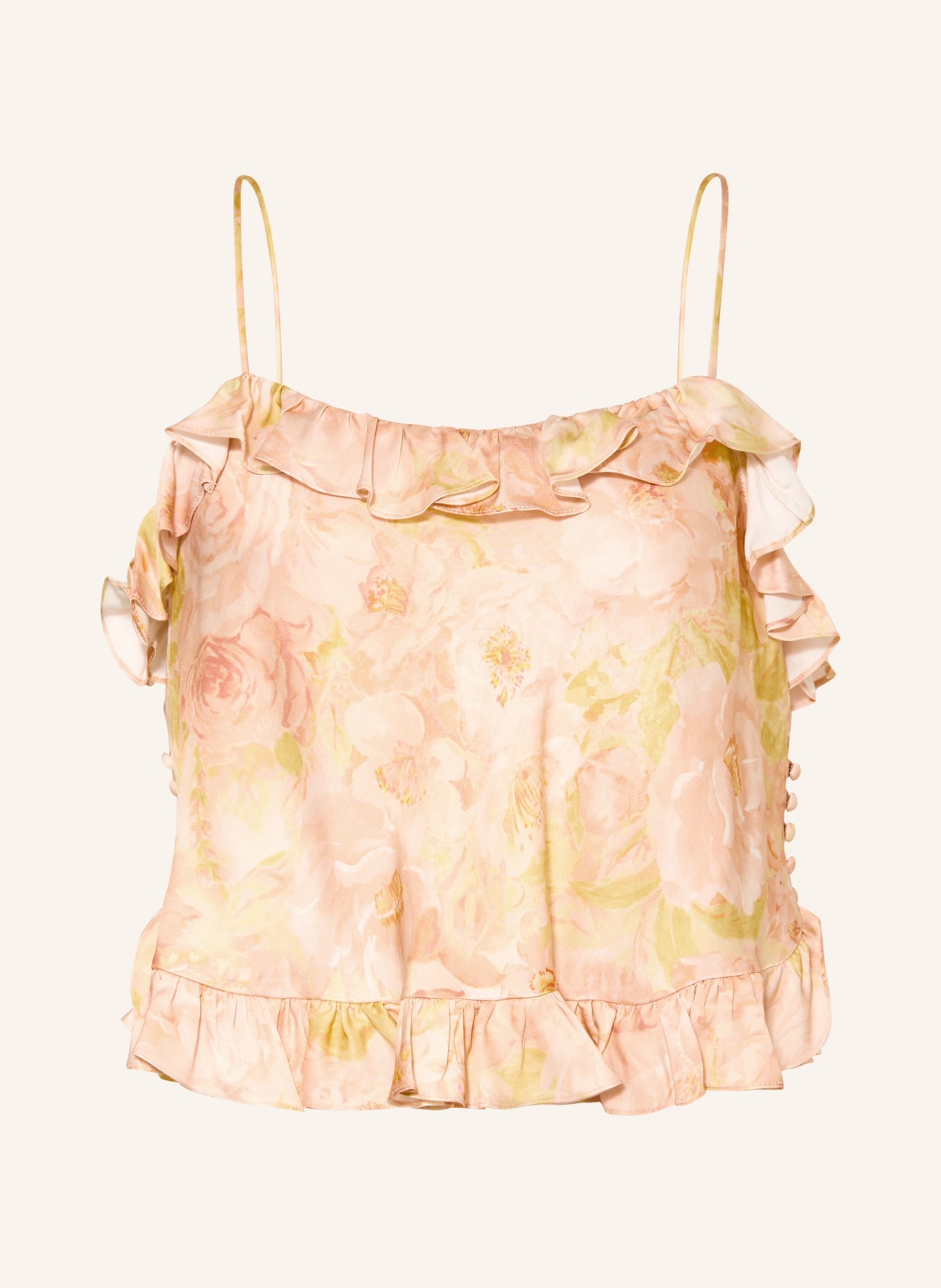 SANDRO Satintop mit Rüschen: HELLORANGE / GELB / HELLGRÜN