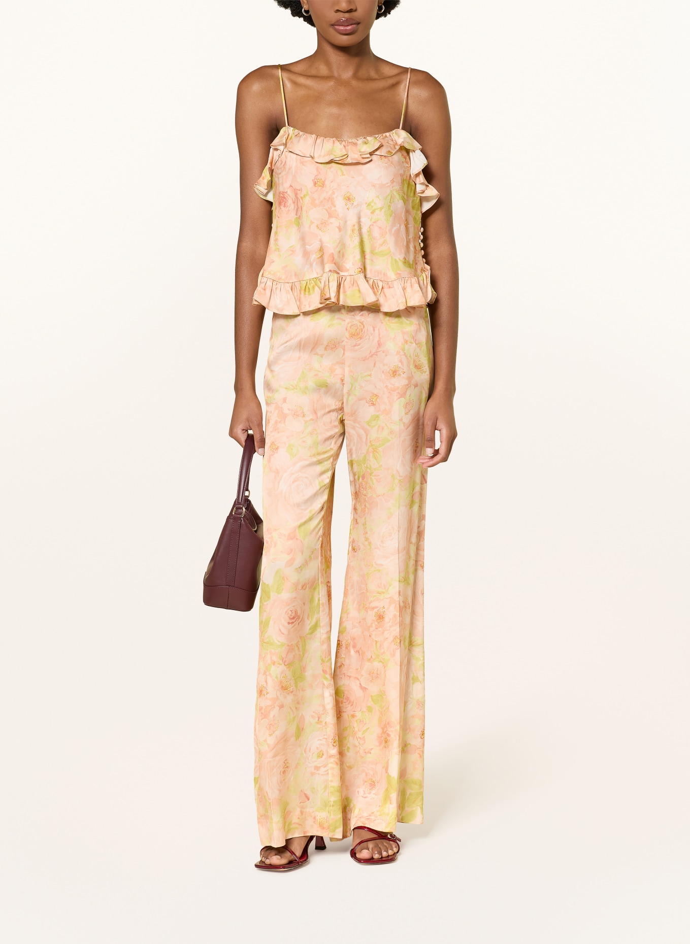 SANDRO Satintop mit Rüschen: HELLORANGE / GELB / HELLGRÜN