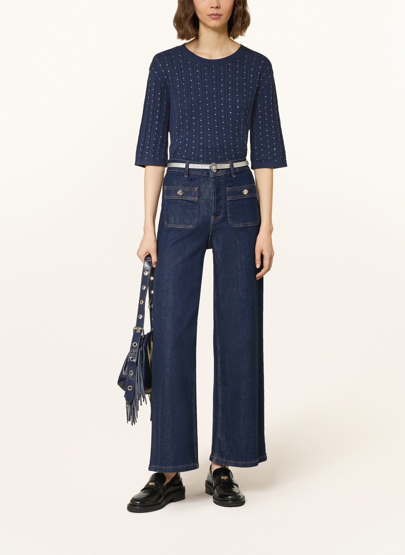 maje Strickshirt mit Schmucksteinen: DUNKELBLAU