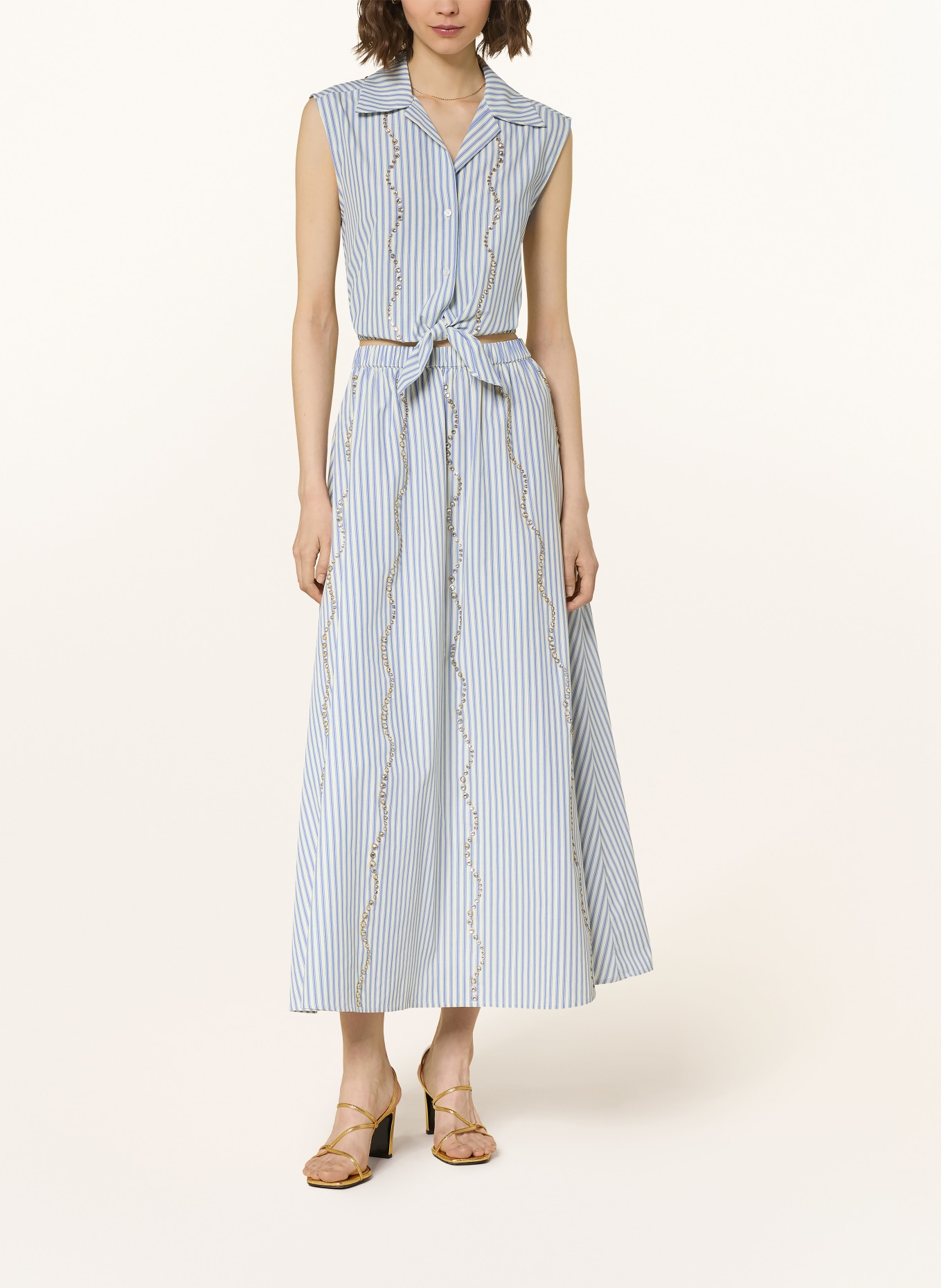 SANDRO Cropped-Top mit Schmucksteinen: HELLBLAU / GOLD / CREME