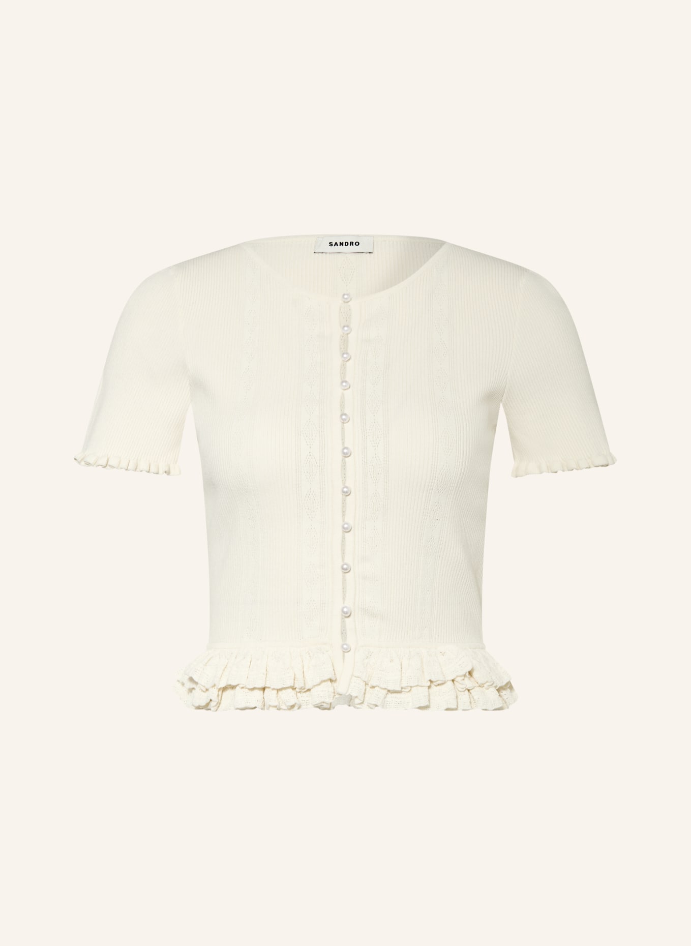 SANDRO Strickjacke mit Rüschen: CREME
