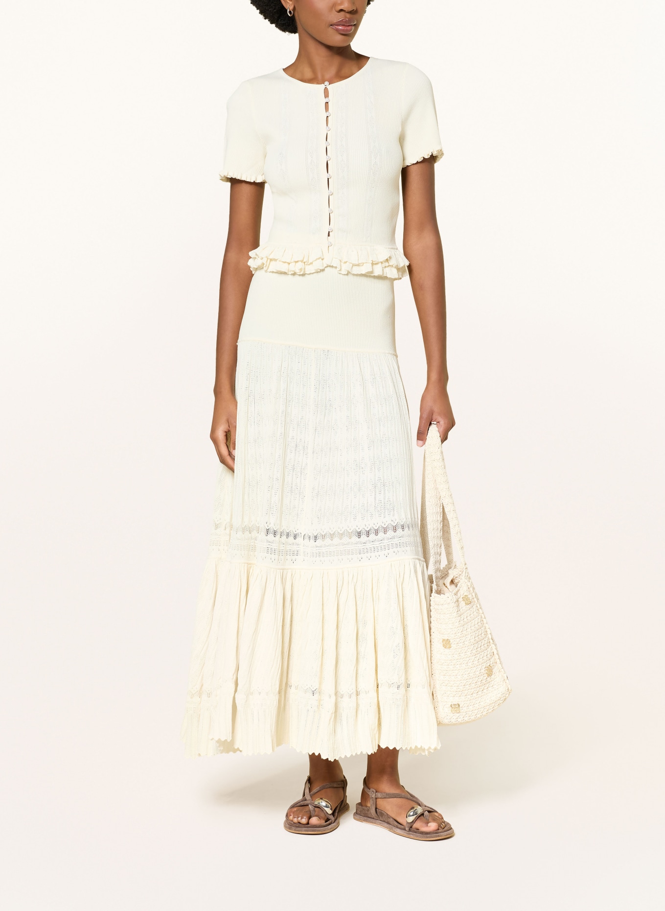 SANDRO Strickjacke mit Rüschen: CREME