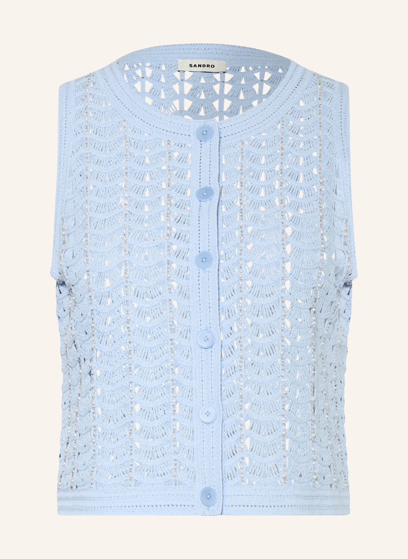 SANDRO Strickweste mit Schmuckperlen: HELLBLAU / SILBER / WEISS